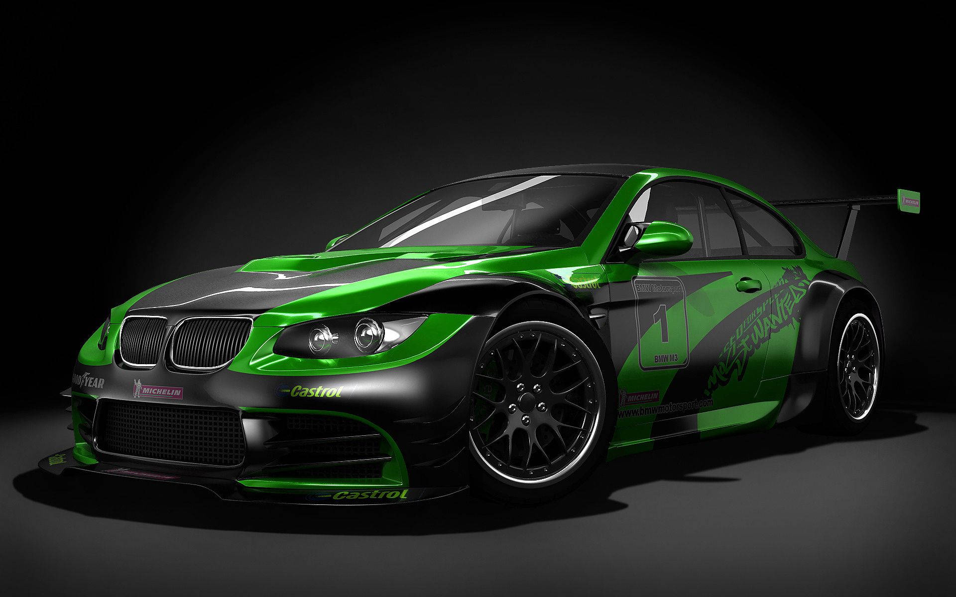 Groen en swart BMW M3 sportmotor in swart kamer agtergrond