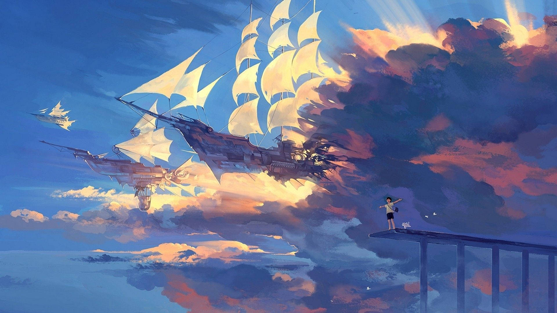 Estetiese Anime Kuns-rekenaaragtergrond van 'n Lugskip — Anime landskap GIF Muurpapier