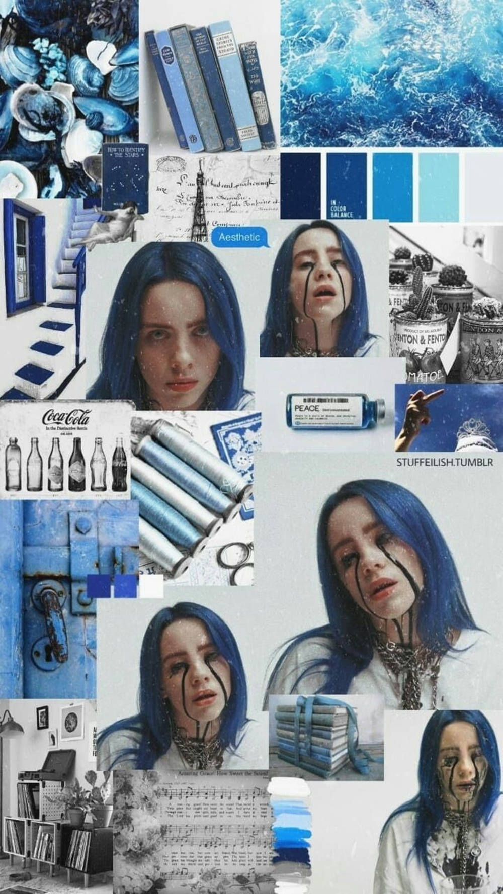 Estetiese Billie Eilish Blou en Wit Collage Muurpapier