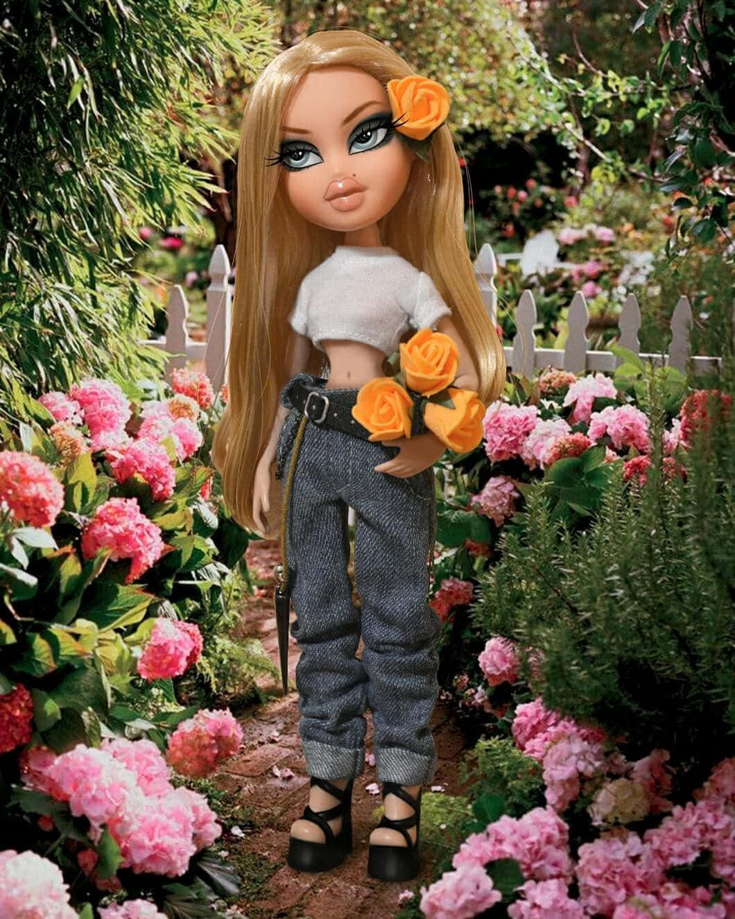 Estetiese Bratz-pop in die Tuin Muurpapier
