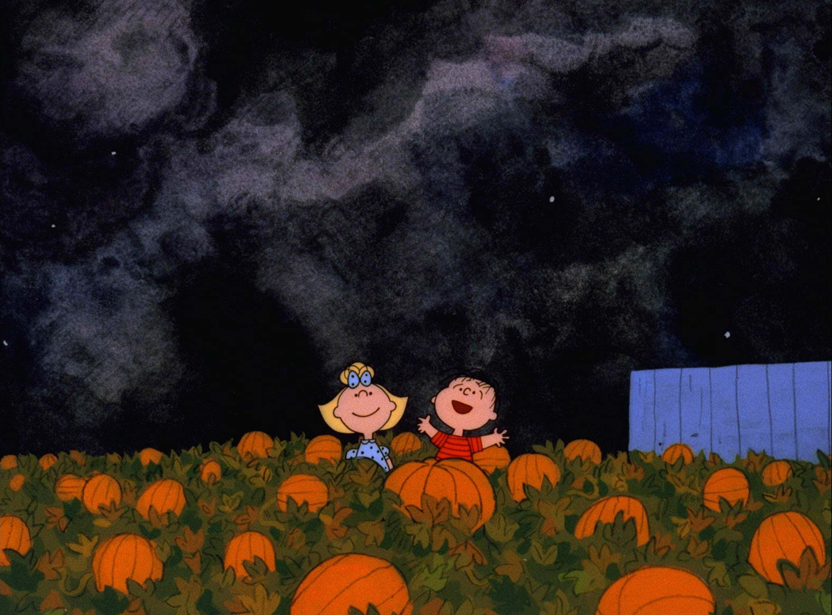 Estetiese Halloween-agtergrond Pampoenland Peanuts-karakters Muurpapier
