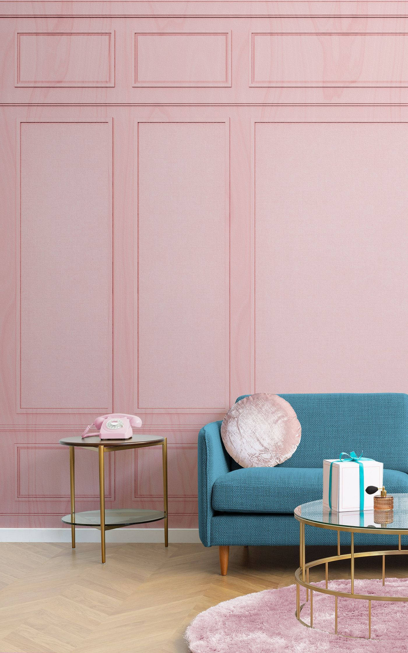 Estetiese Huis Sitkamer Met Pienk Muur Muurpapier