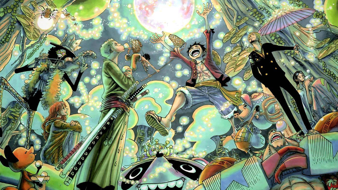 Strooihoedbemanning in estetiese tealblou One Piece-kuns-aanhanger-agtergrond.