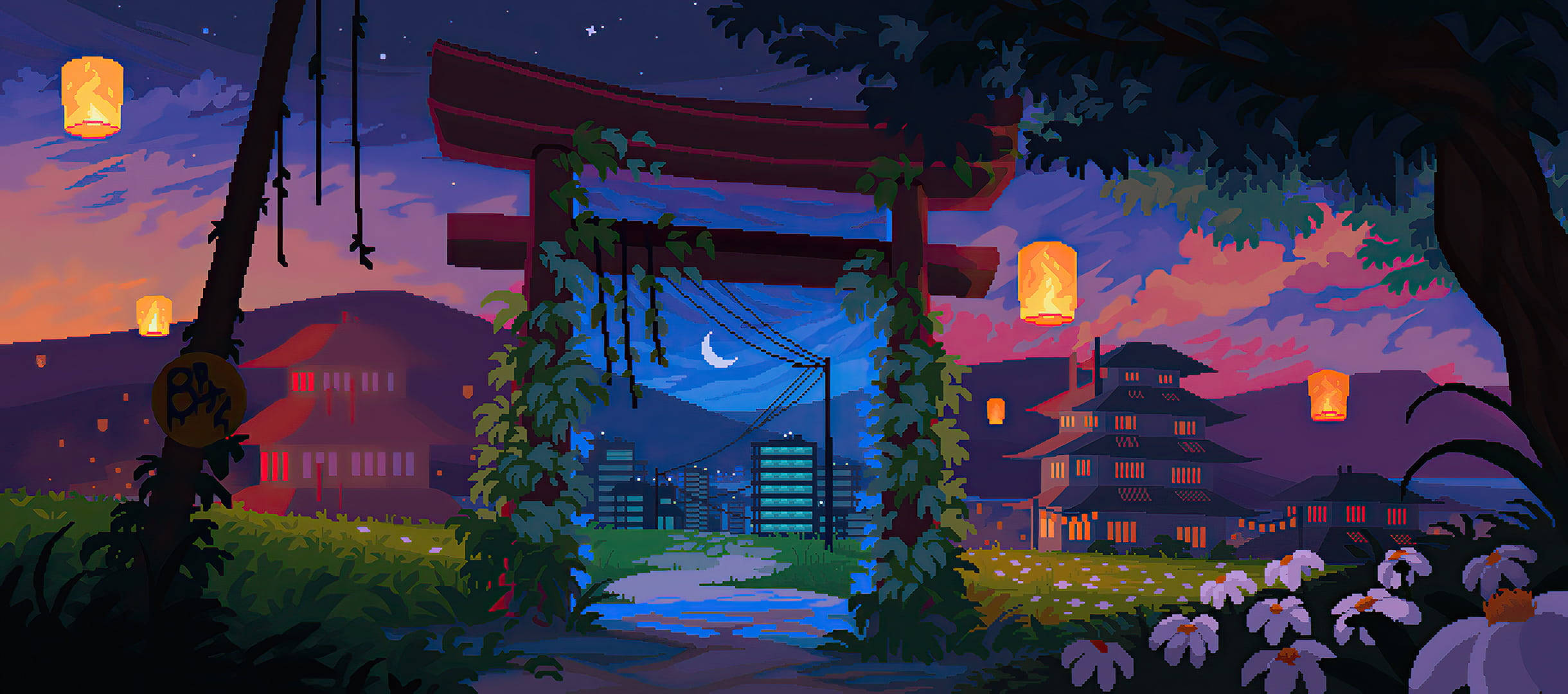 Estetiese Pixel Kuns van Japannese Heiligdom in Stad Muurpapier