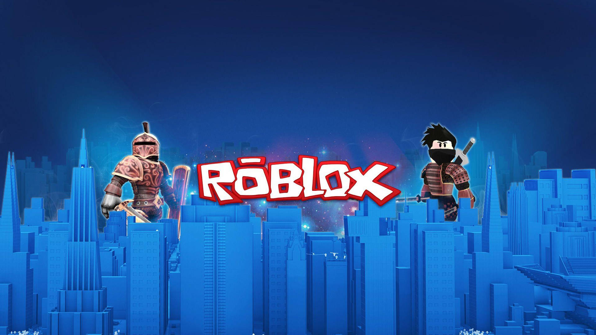 Blou estetiese 3D-agtergrond van stadsontwerp in die Roblox-videospeletjie.