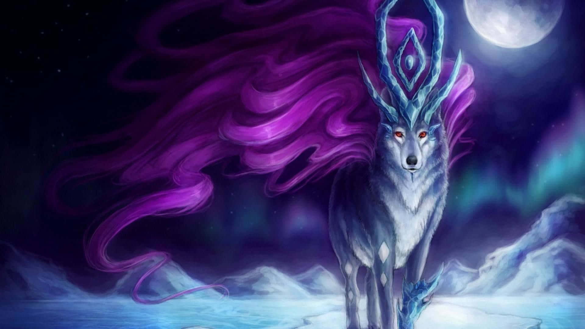 Eteriese weergawe van 'n sterrestelselwolf met helder sterre en 'n Melkweg-agtergrond Muurpapier