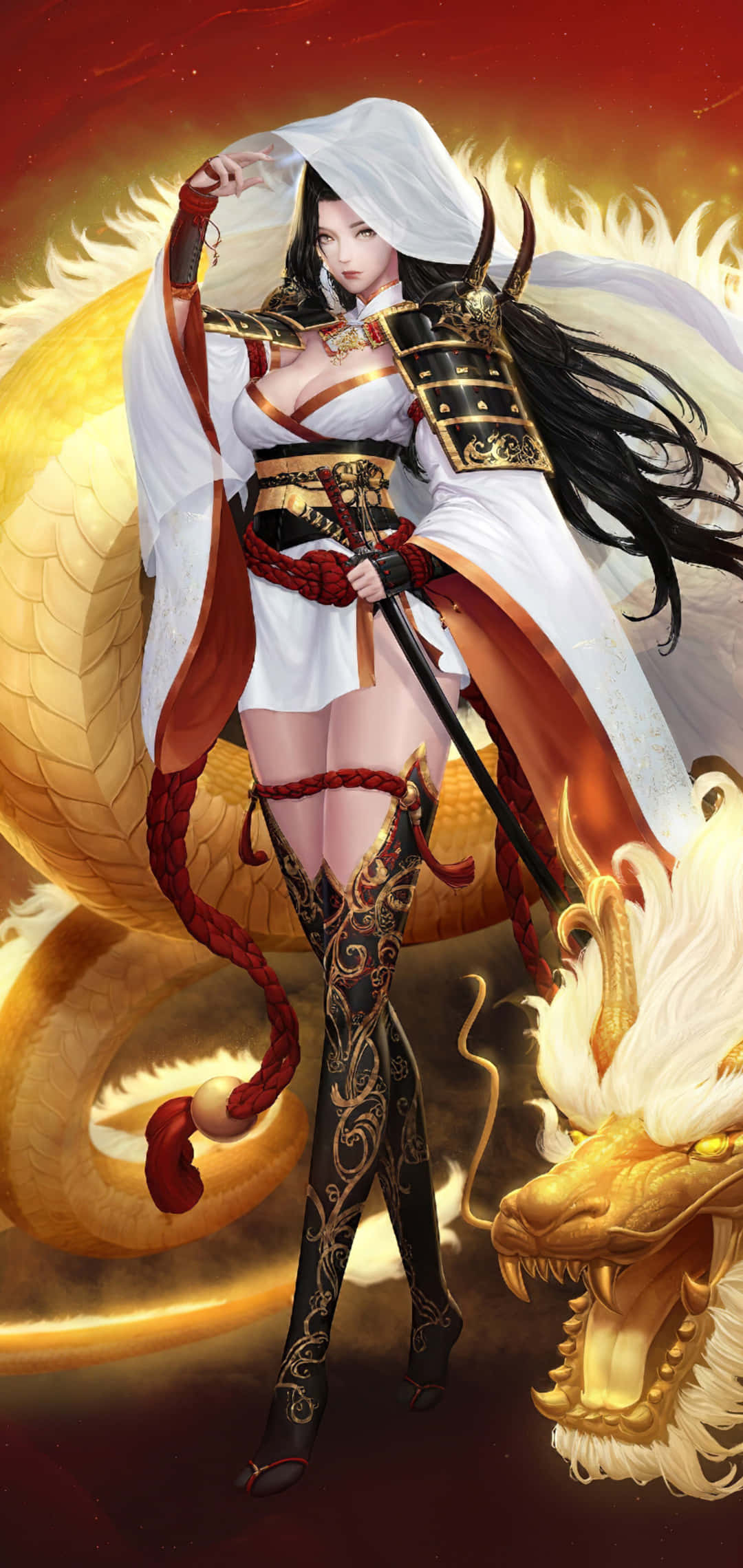 Fantasy Samurai Anime Meisie Goue Draak Muurpapier