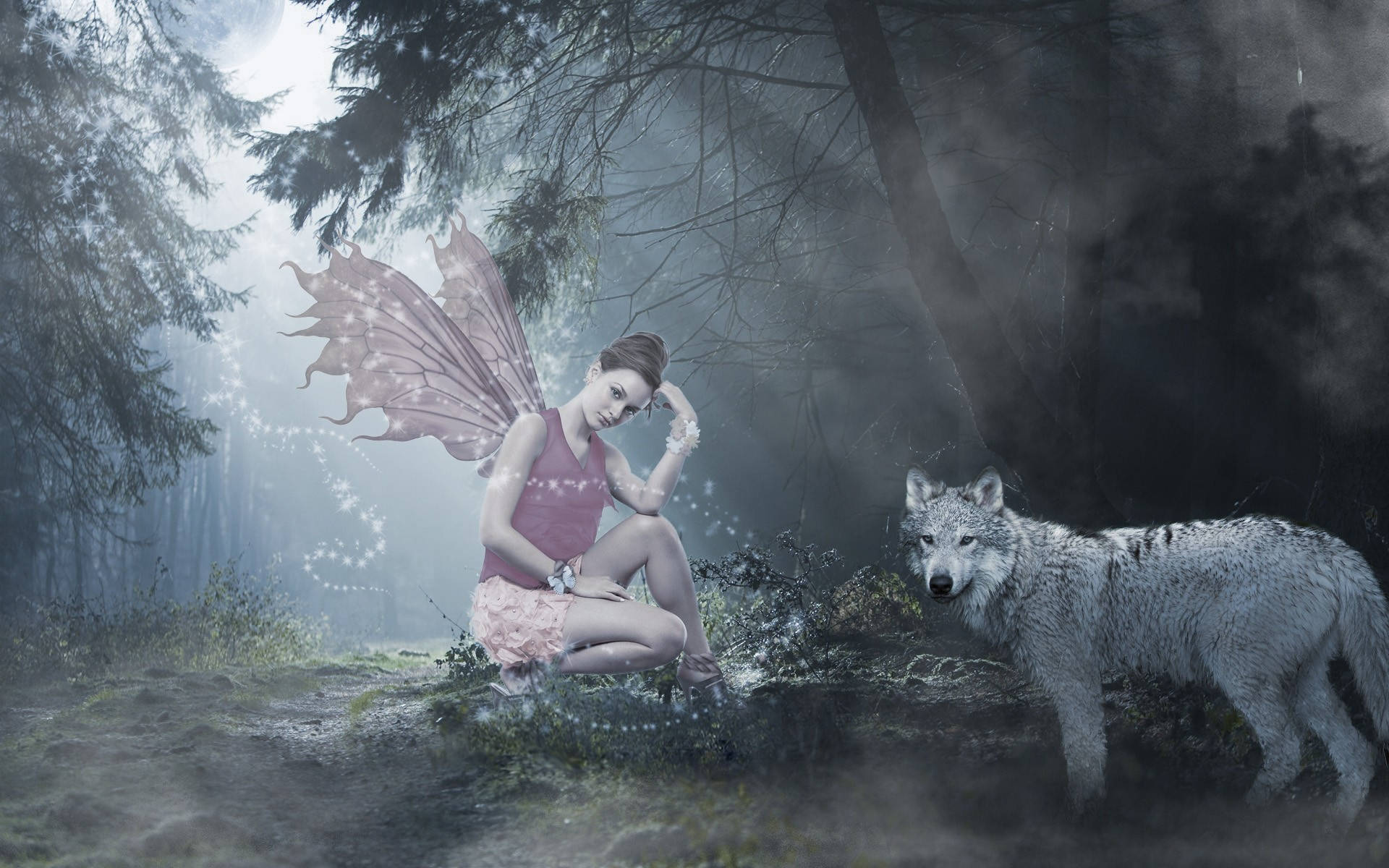 Fee En Wolf In 'n Betowerde Woud Muurpapier