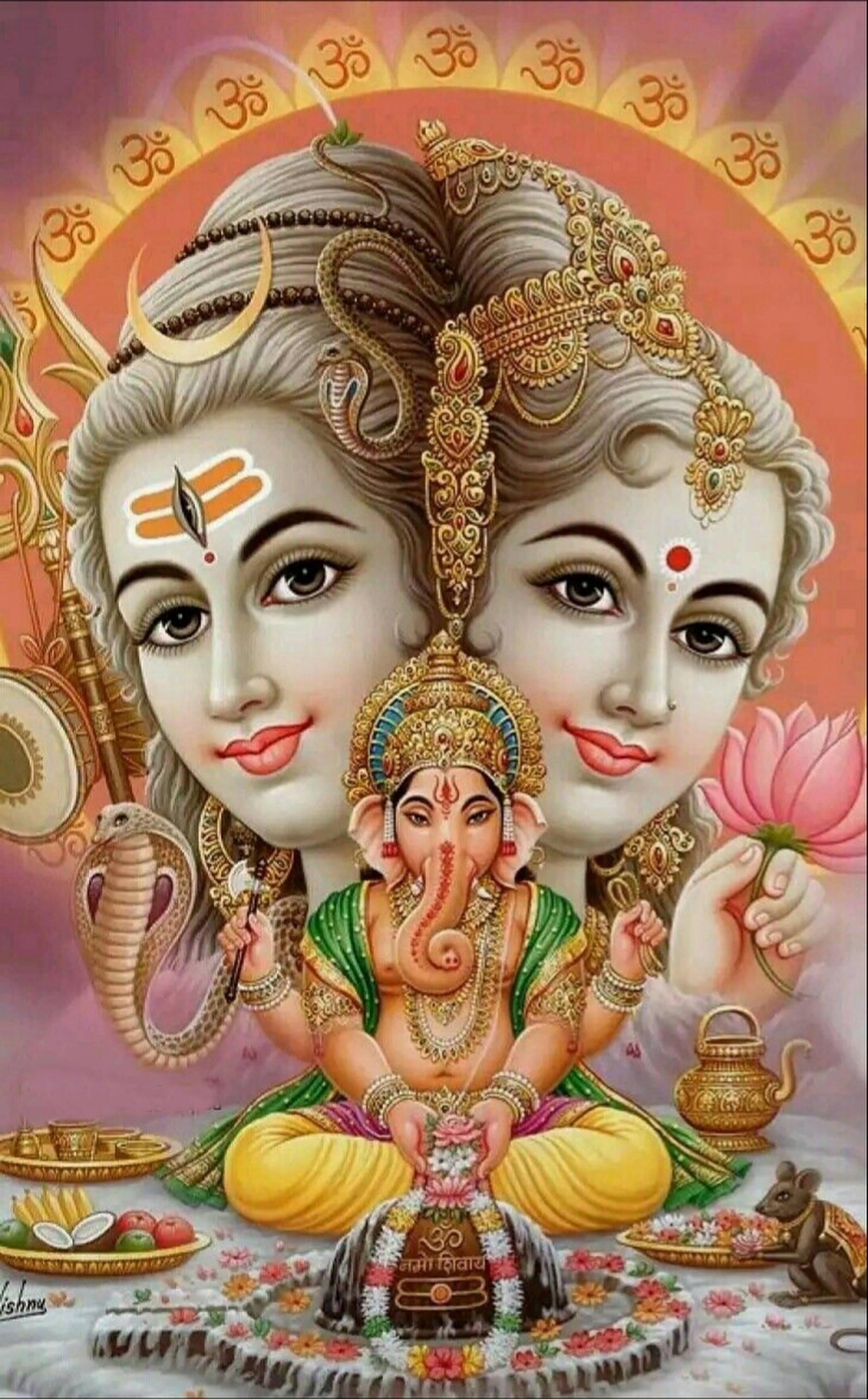 Feestelike Shiva Parvati Saamgesmelte Kop En Ganesha Muurpapier
