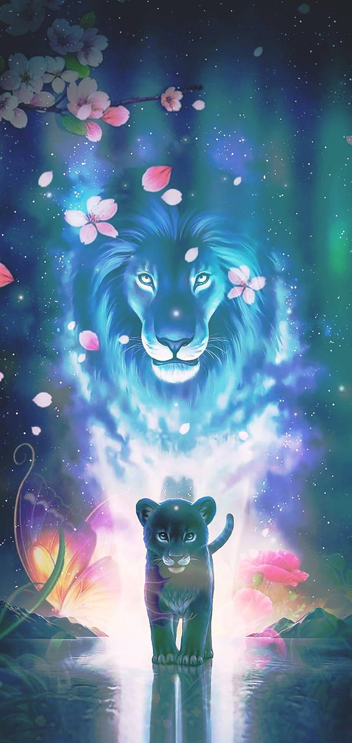 Florale Galaxy Leeu Koning Kuns Muurpapier