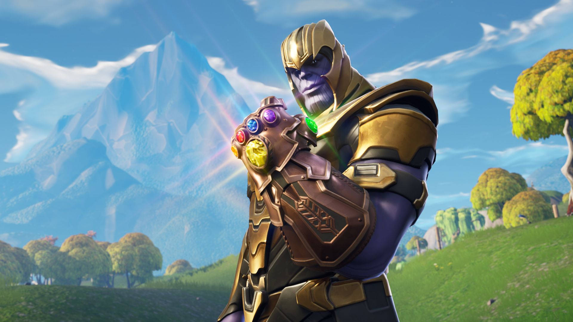 Thanus in Fortnite wat die oneindigheidshandskoen vashou HD-muurpapier.