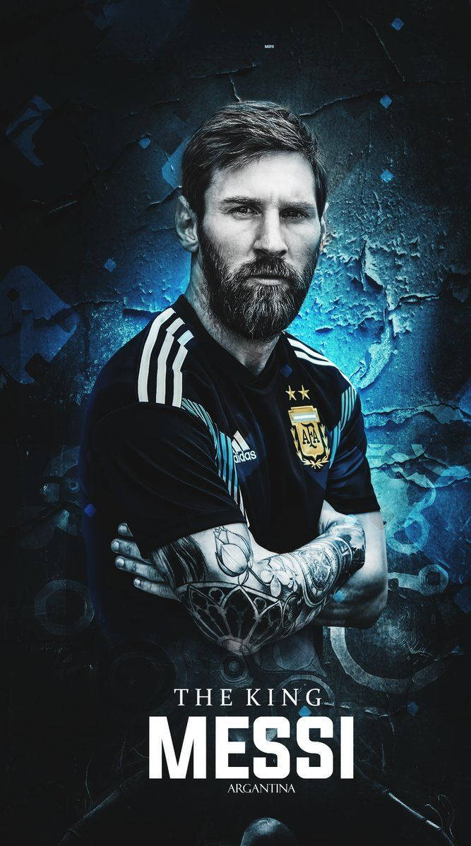 Lionel Messi met "The King Messi Argentina" teks agtergrond