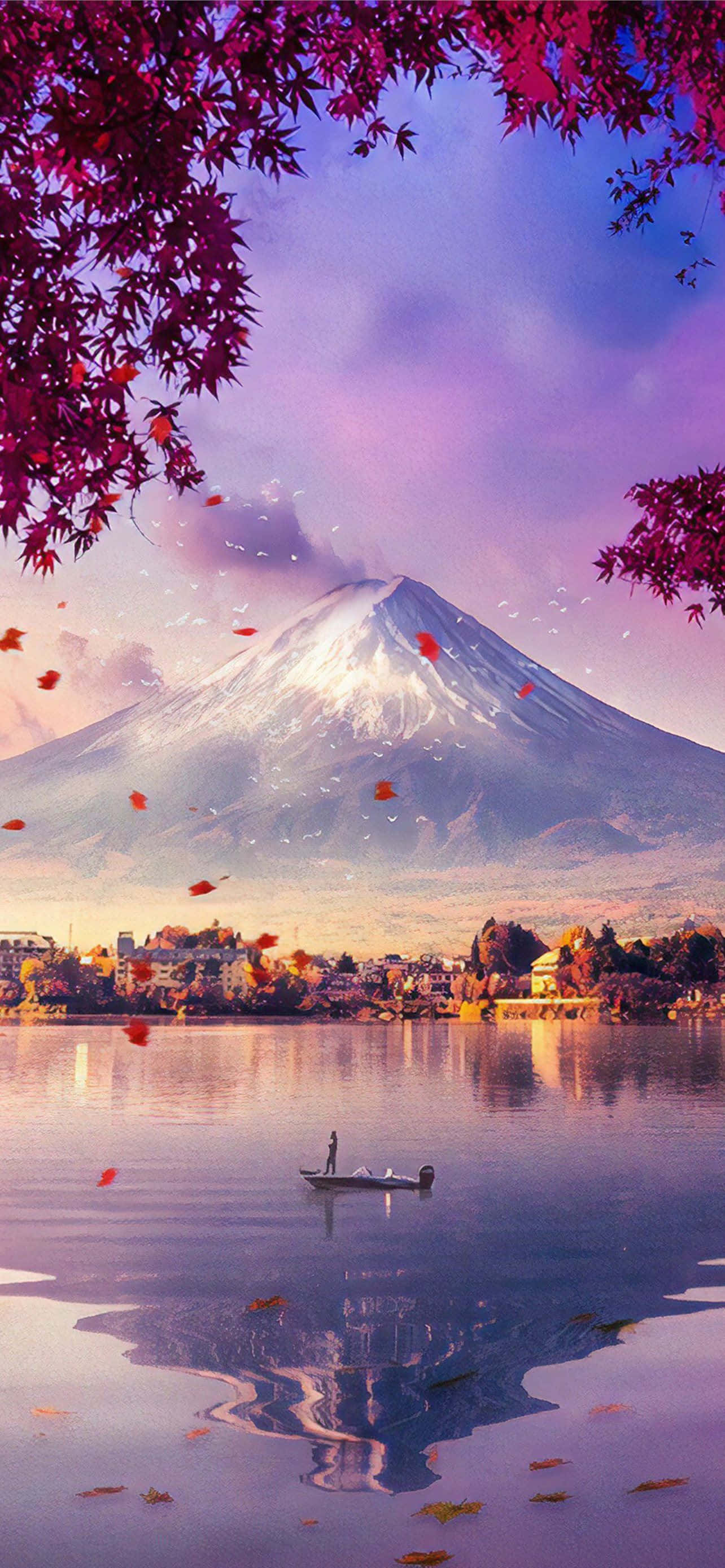 Fuji-piek met Meer en Vallende Blare Muurpapier