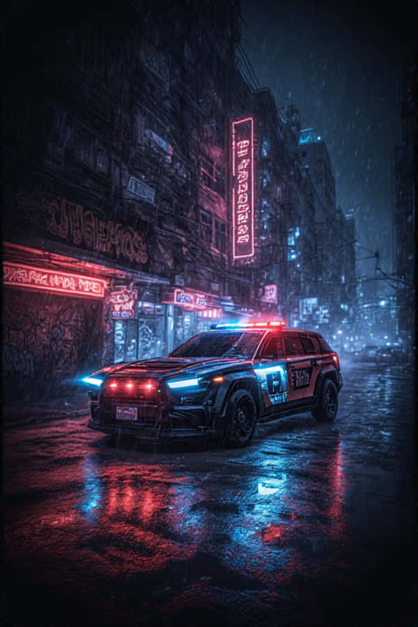 Futuristiese Polisiemotorpatrollie in Neonstad 4K Muurpapier
