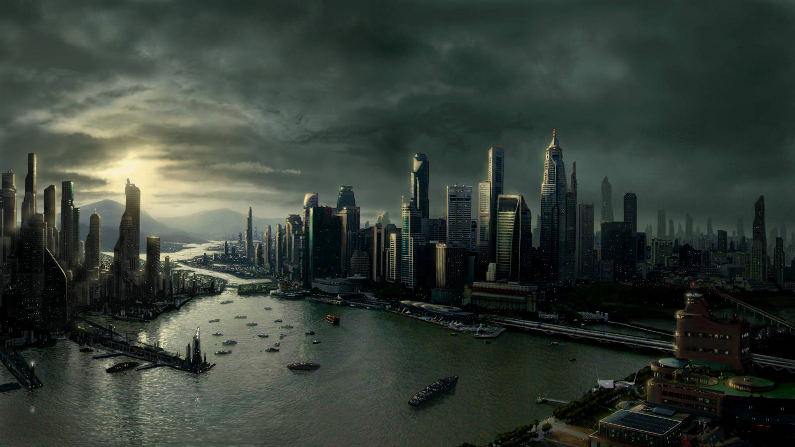 Futuristiese Stad Vol HD 1600x900 Muurpapier