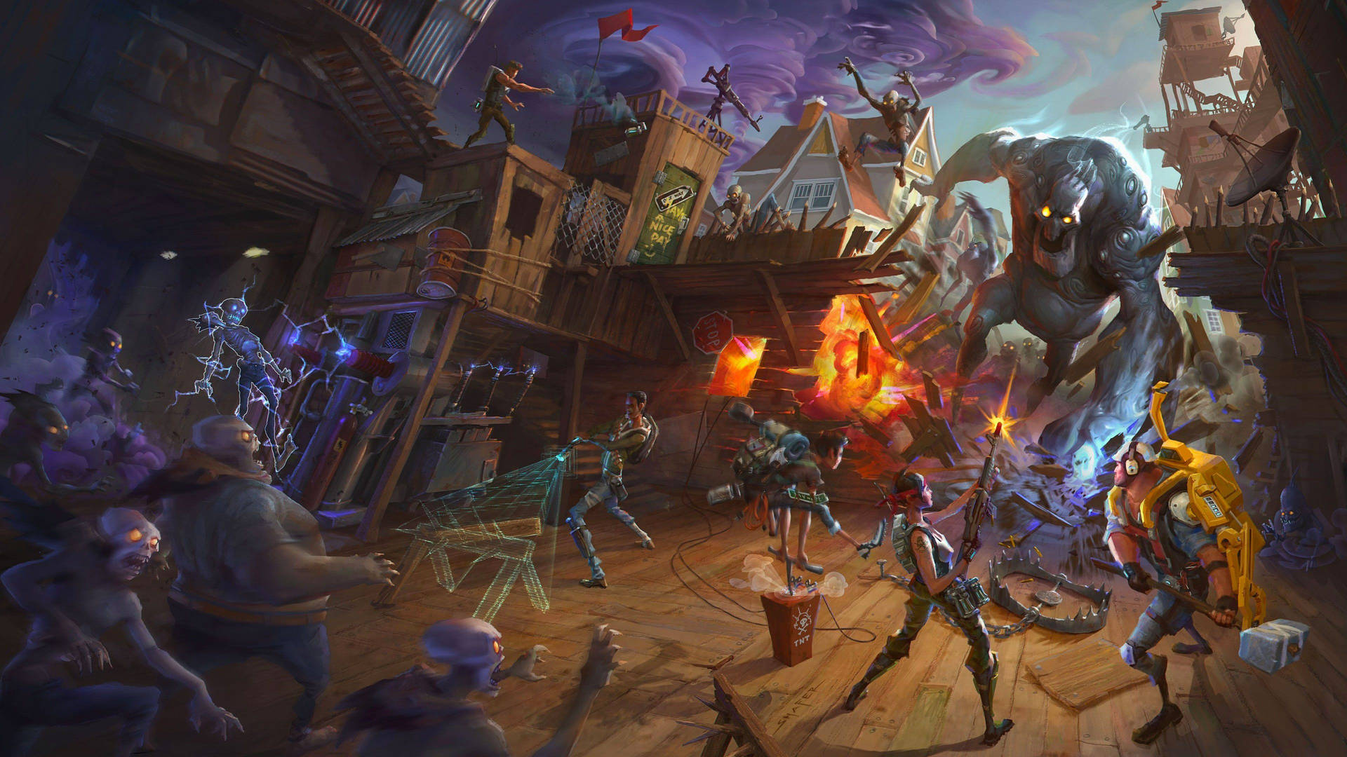 Oorlewing van vier karakters teen die monsters in Save the World-modus in Fortnite HD-muurpapier.