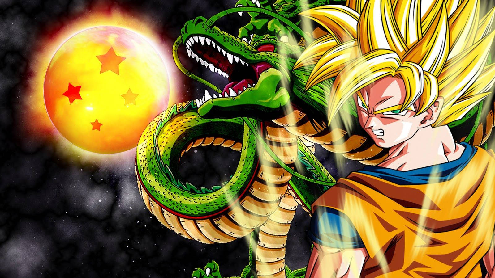 Behangpapier van gelaagde Super Saiyan 2 Goku, Shenron en 4-ster Dragon Ball.