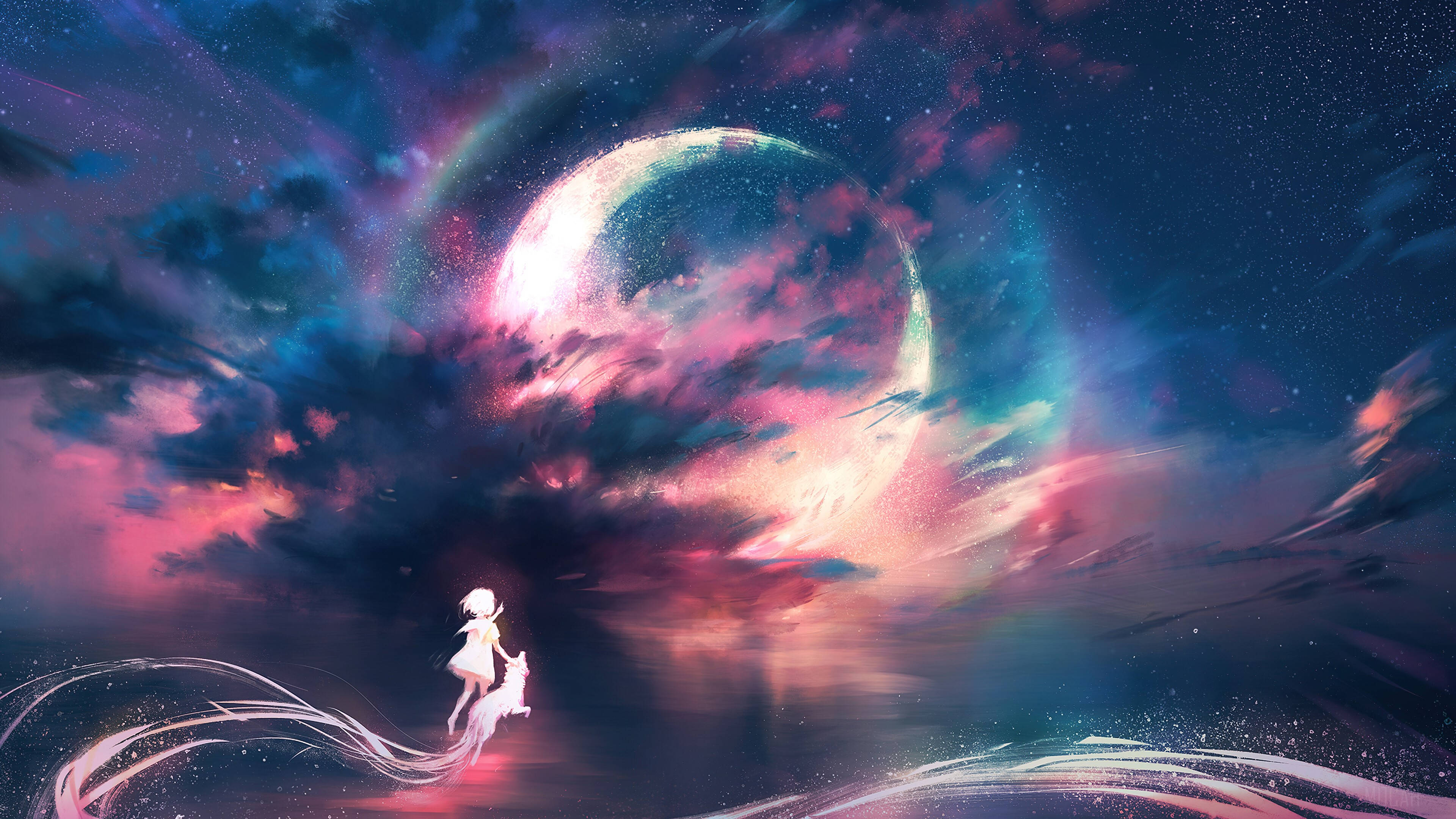 Galaxy Maan en Anime Meisie Muurpapier