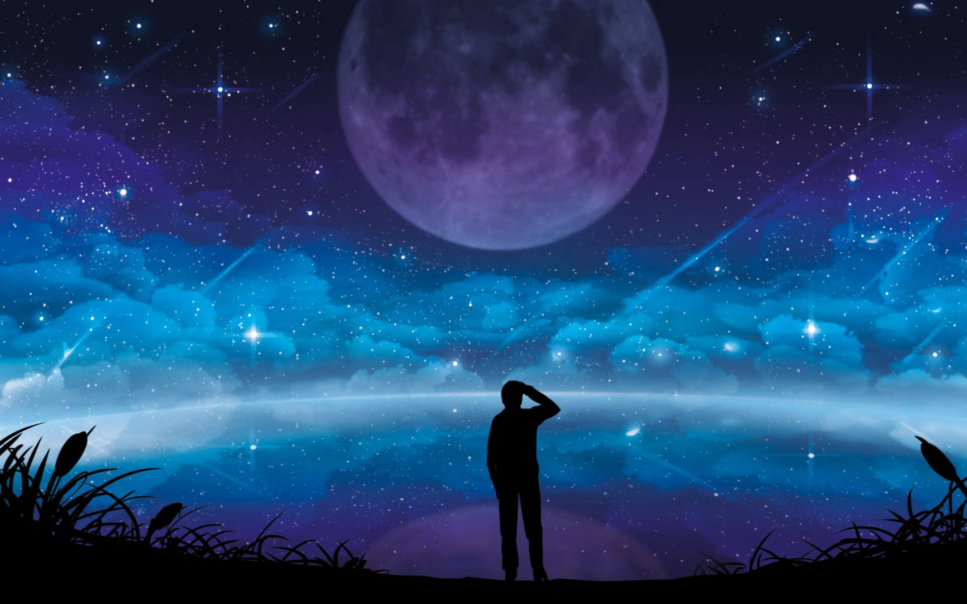 Galaxy Maan en Mens Silhouet Muurpapier