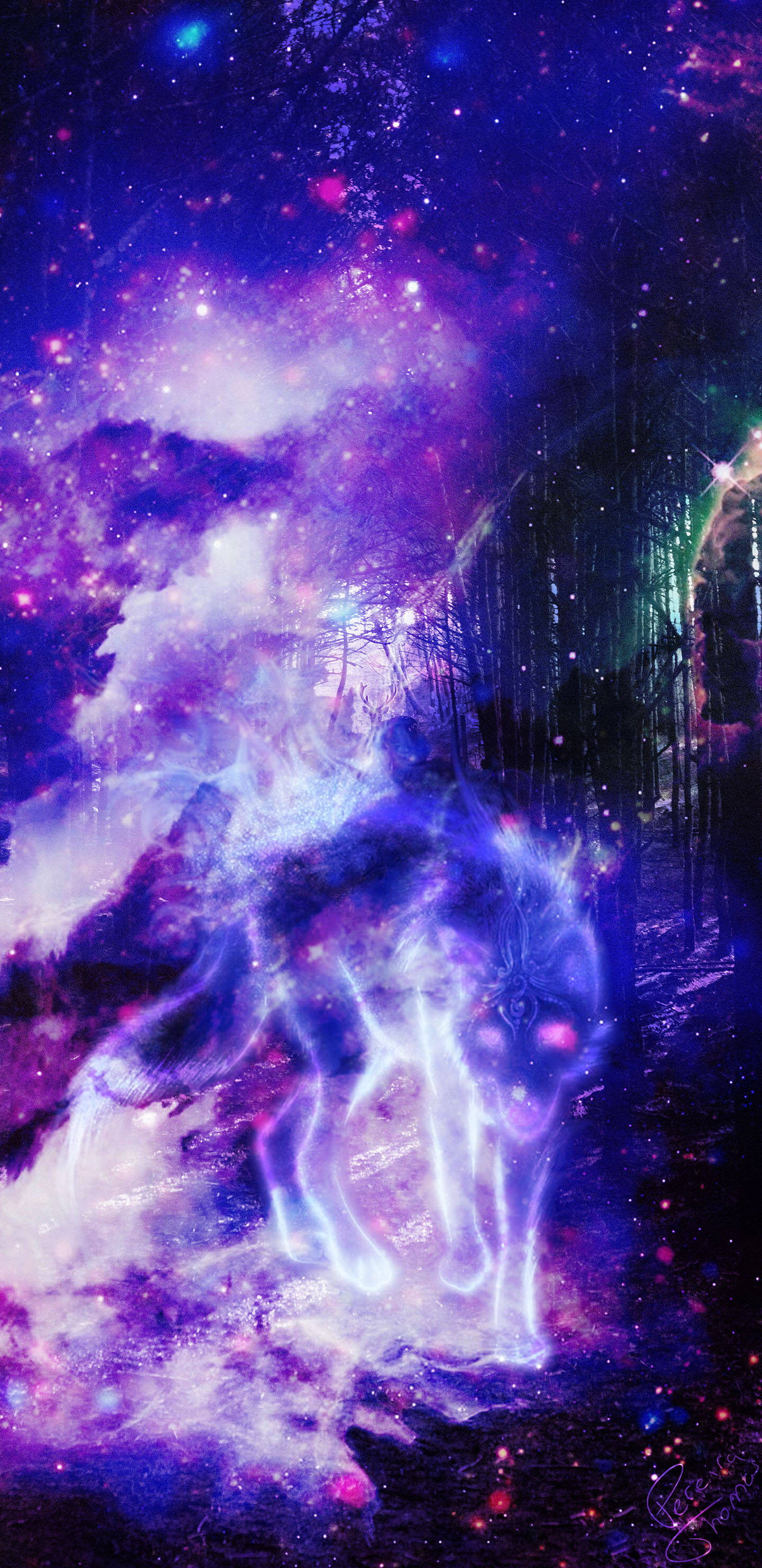 Galaxy Wolf Forest Illustrasie Kuns Muurpapier