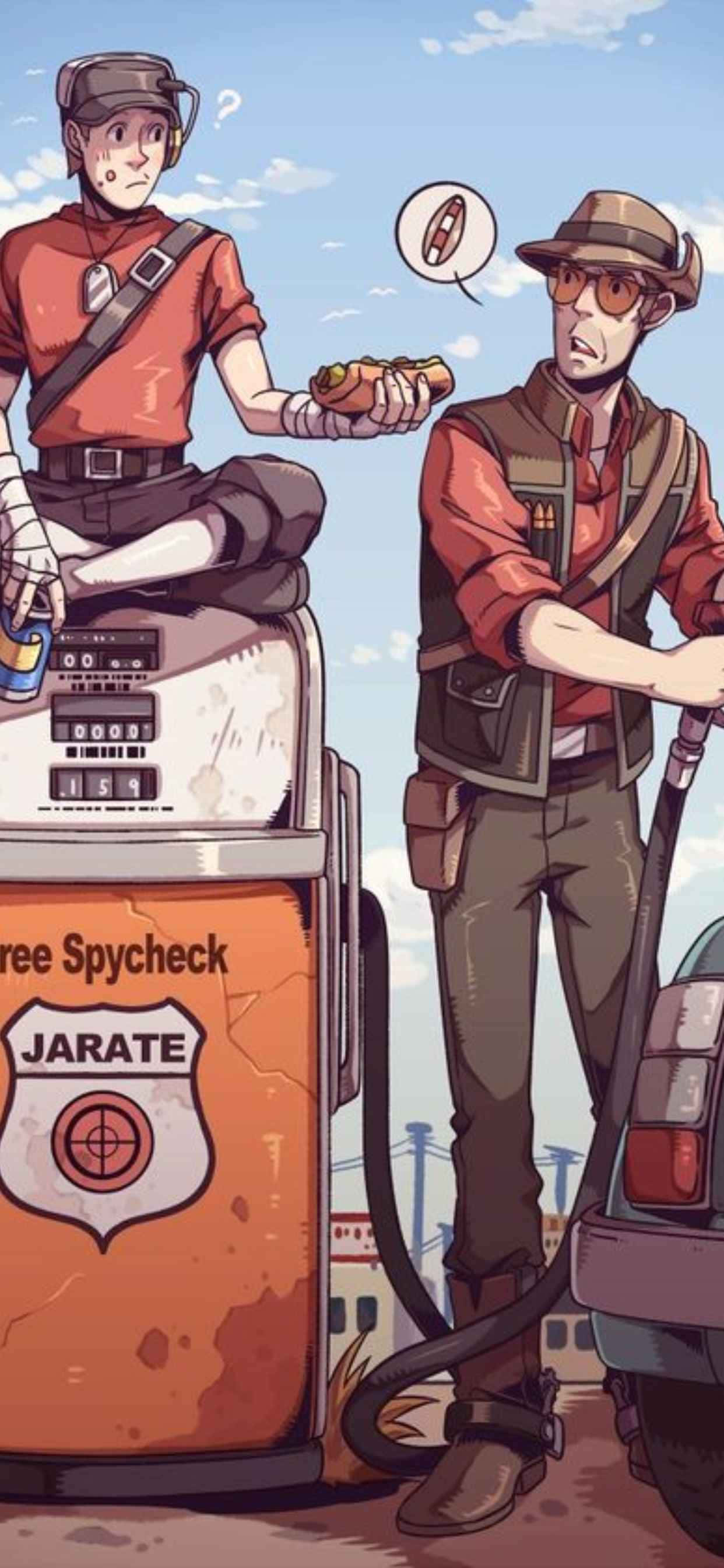 Geanimeerde Verkenner en Skerpskutter iPhone Xs Max Team Fortress 2 Agtergrond Muurpapier