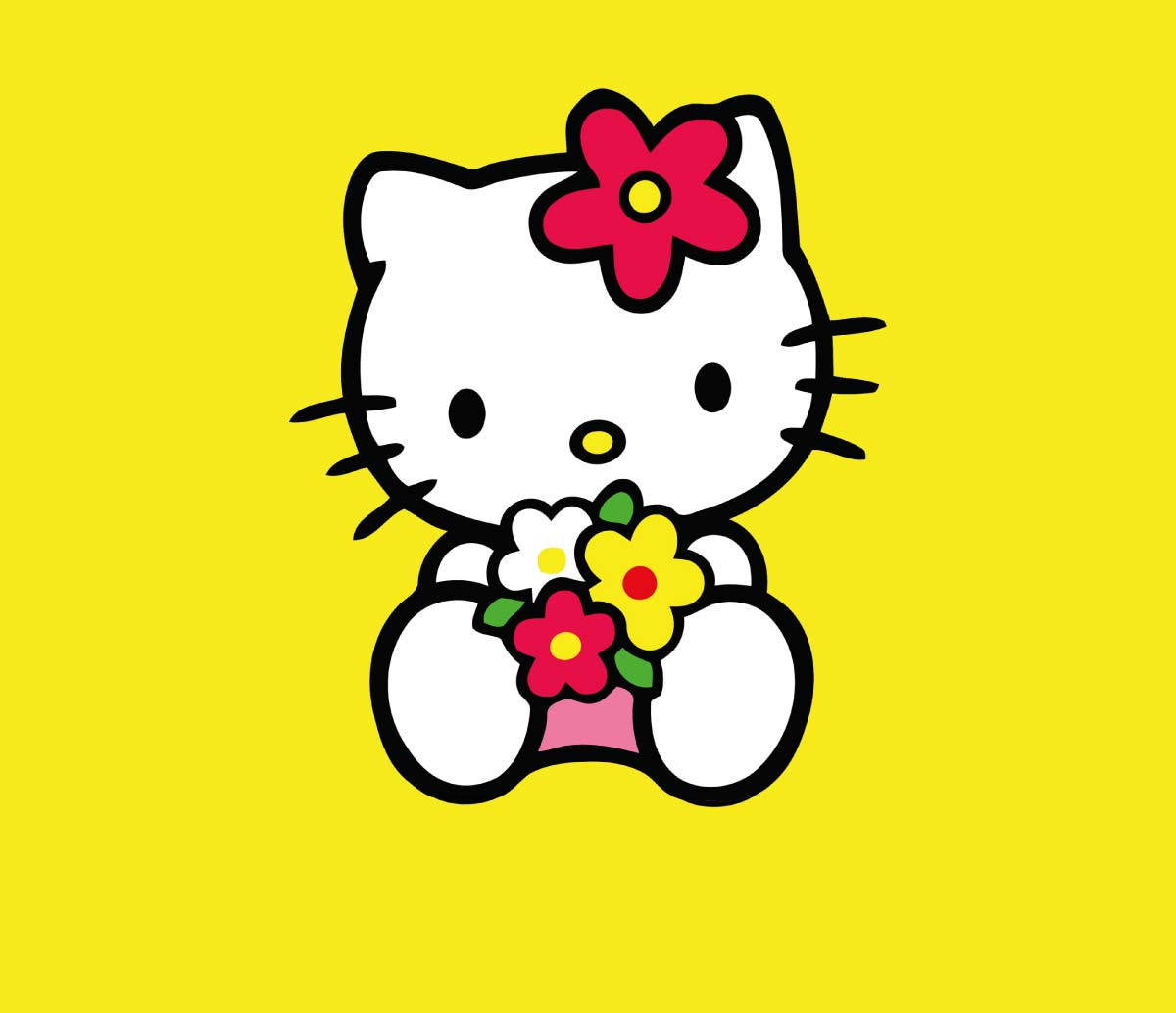 Geel Hello Kitty PFP met Blomme Muurpapier