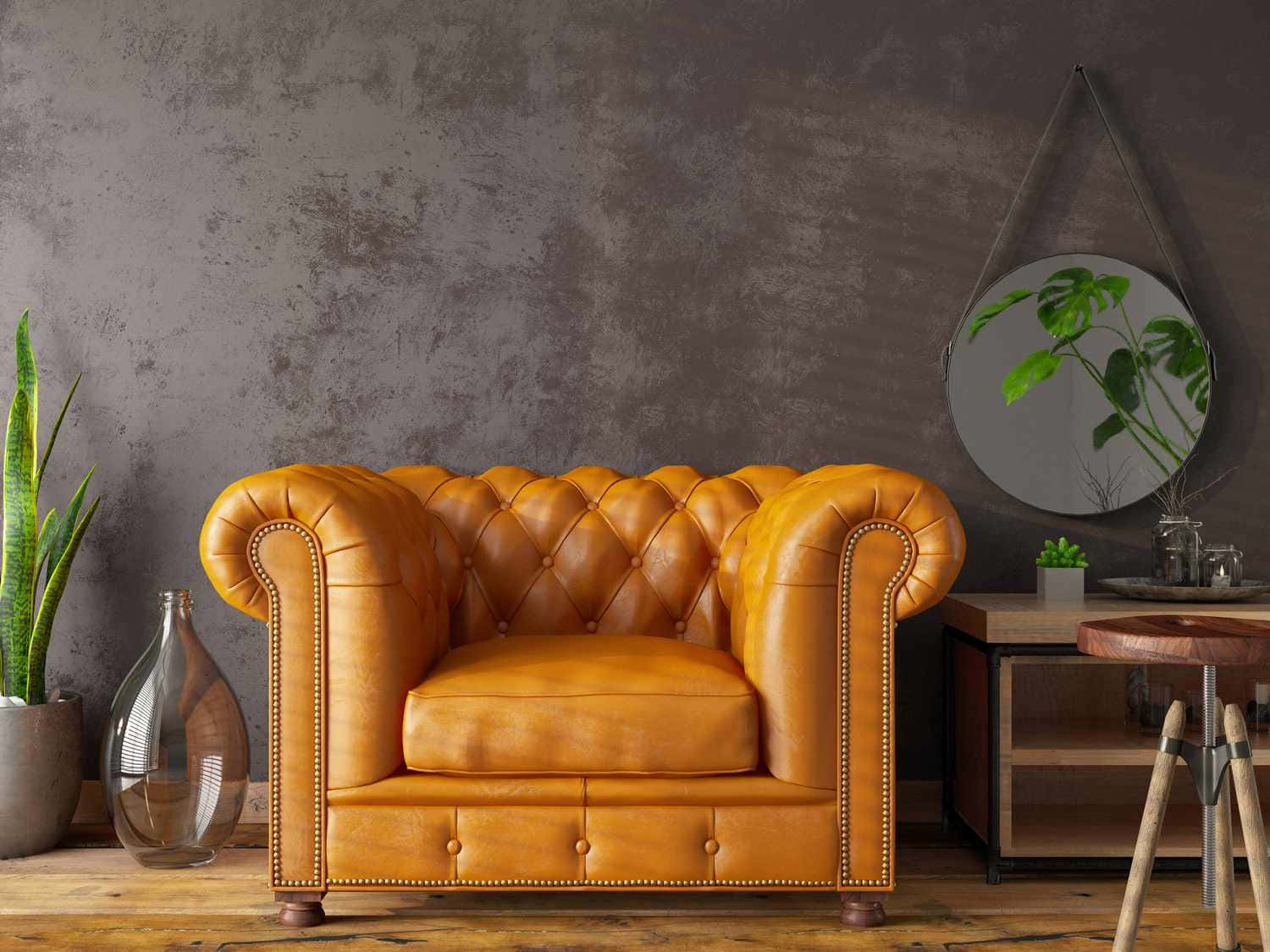 Geel Leer Fauteuil Leesstoel Muurpapier