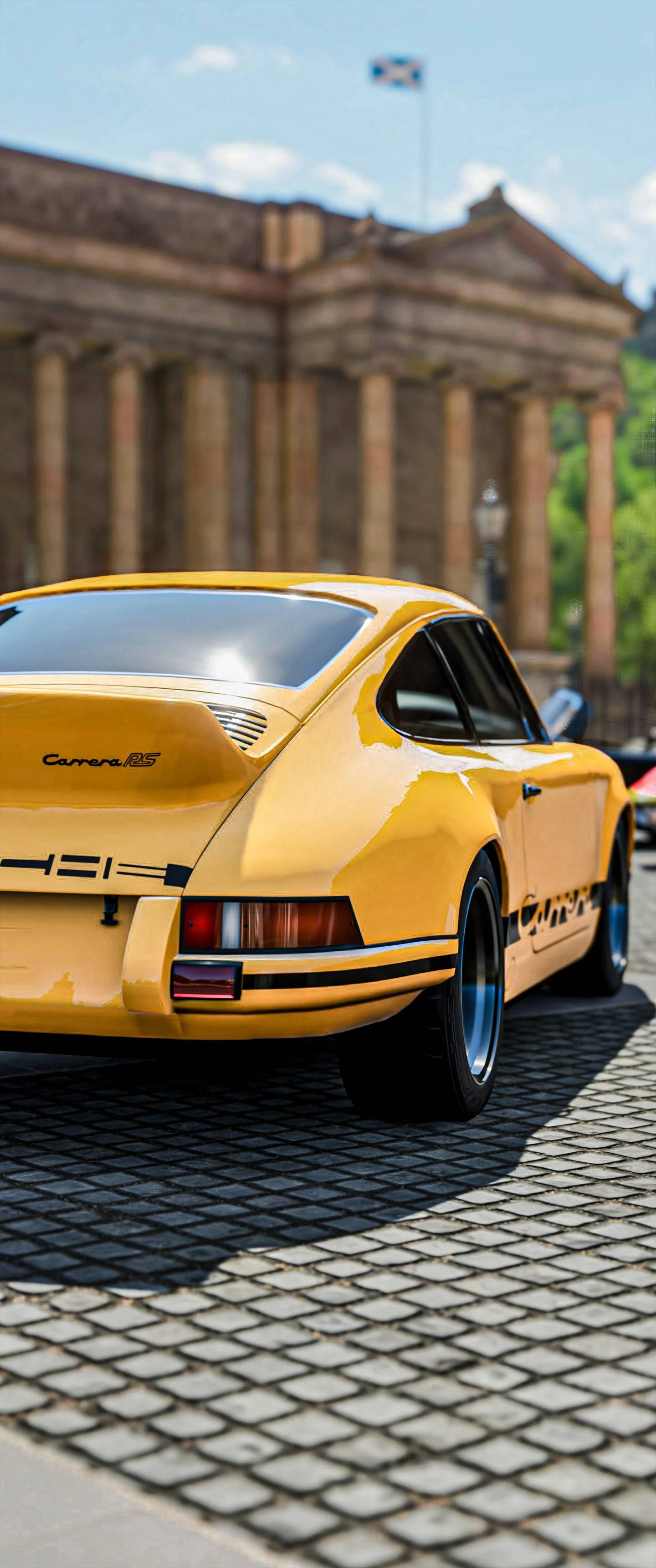 Geel Porsche 911 Geparkeer Buite Muurpapier