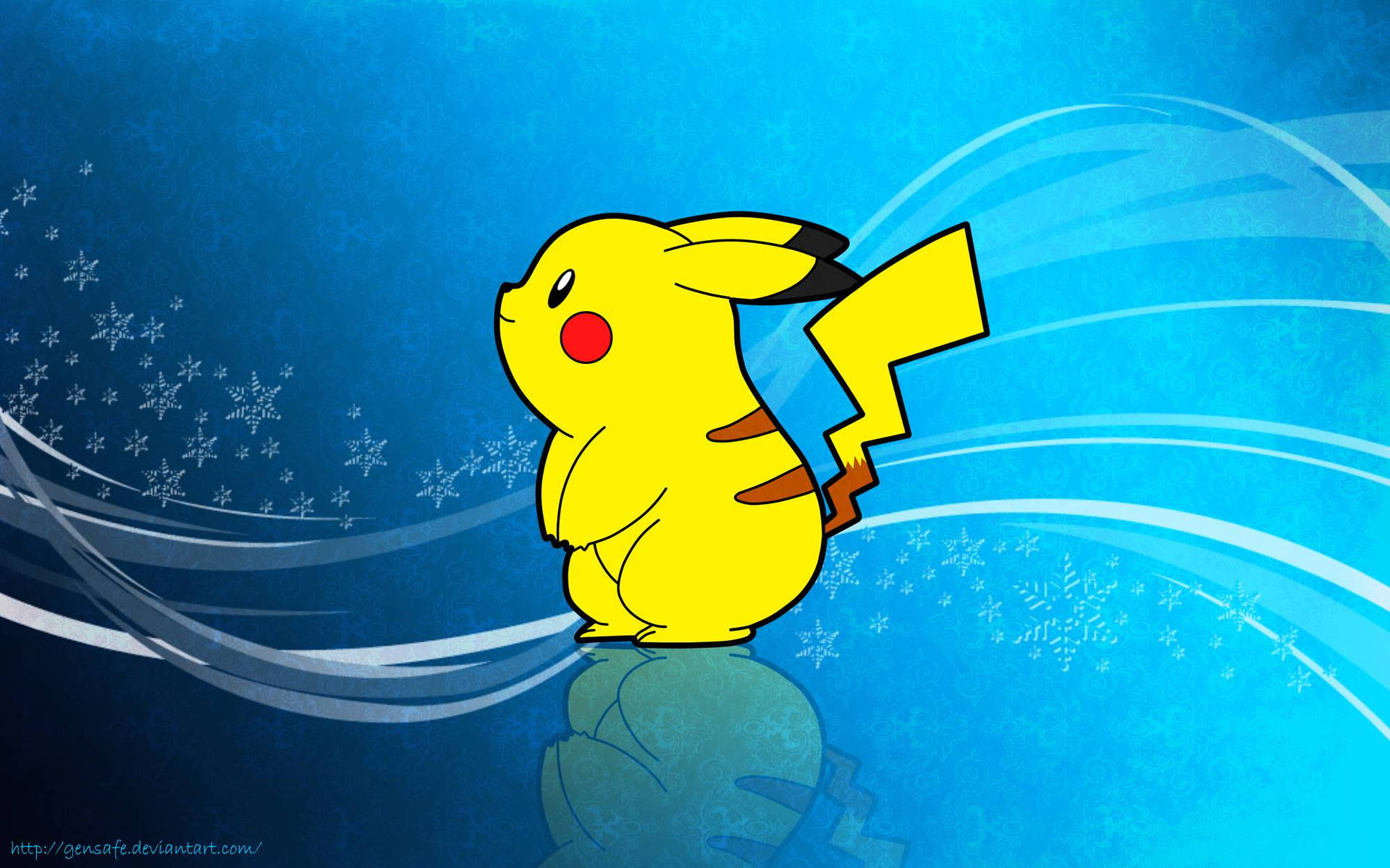 Agtergrond van geel Pikachu wat rond lyk en sywaarts kyk.