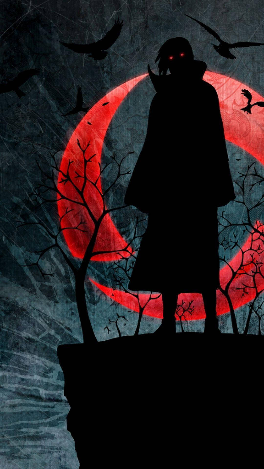 Geheimsinnige Itachi Uchiha onder die spookagtige rooi maan. Muurpapier