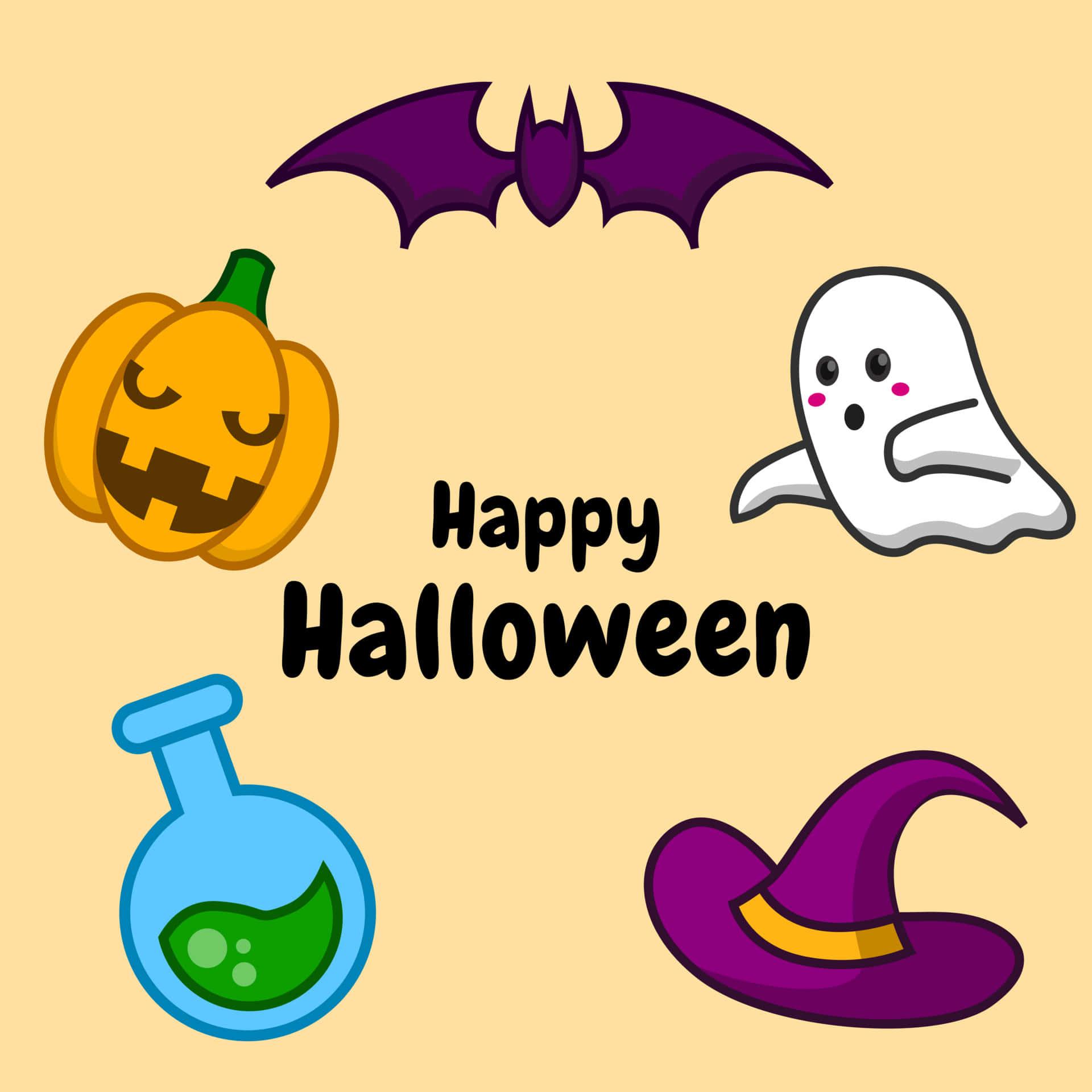 gelukkige halloween met 'n vlermuis, heks, vlermuis en 'n toordrankie Muurpapier