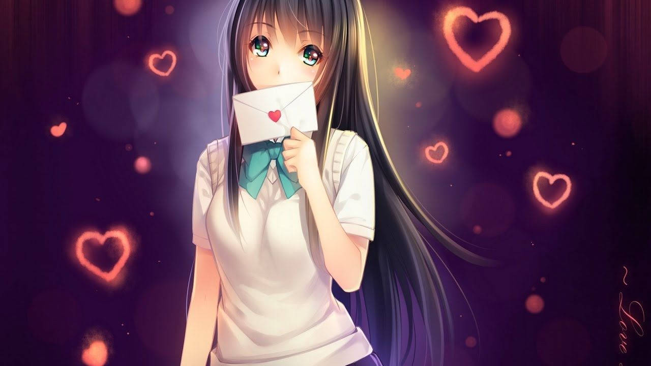 Animi-meisie met lang swart hare wat liefdesbrief byt, agtergrond — Anime meisie Muurpapier