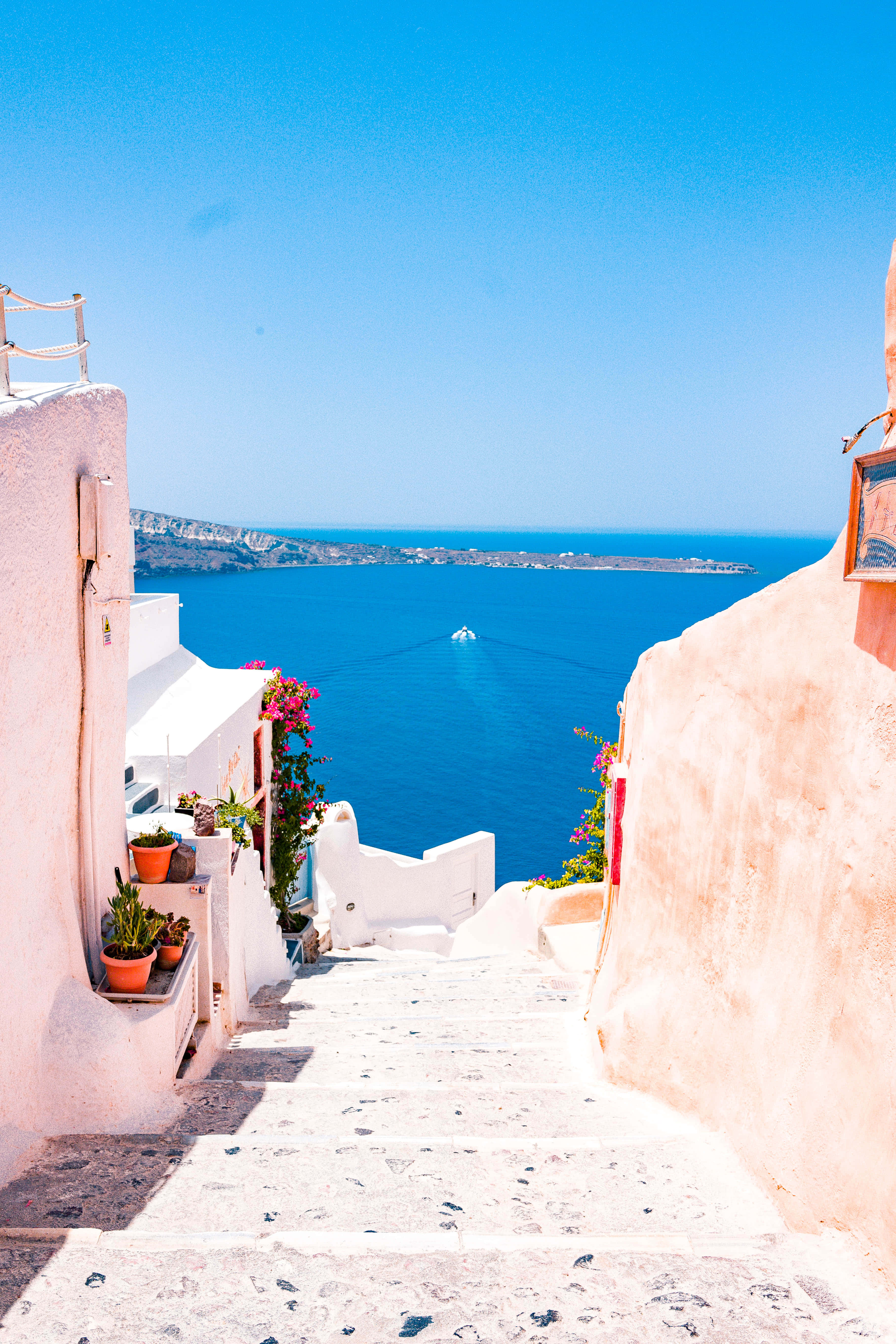 Geniet die asemrowende uitsig van Santorini, Griekeland Muurpapier