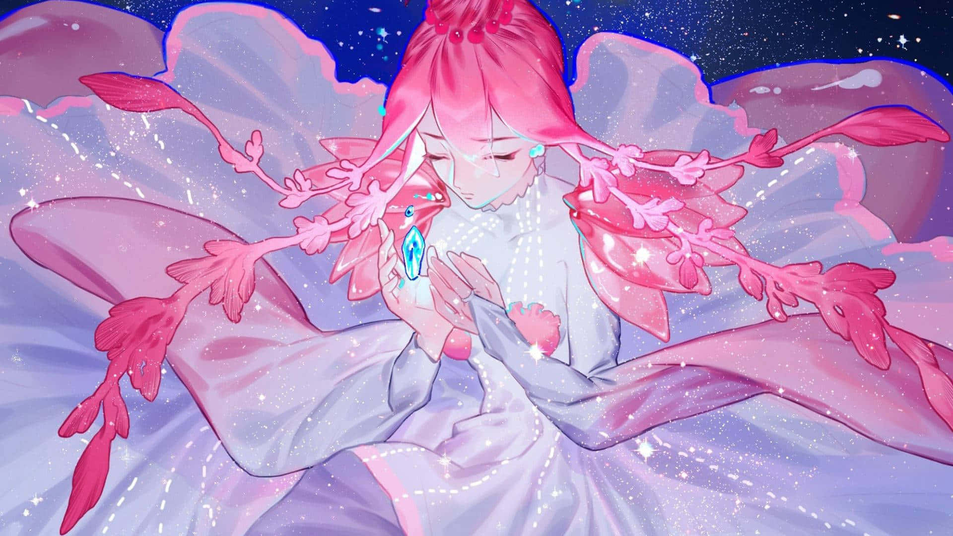 Geniet die kleurvolle tonele van 'n pienk Anime-estetika Muurpapier