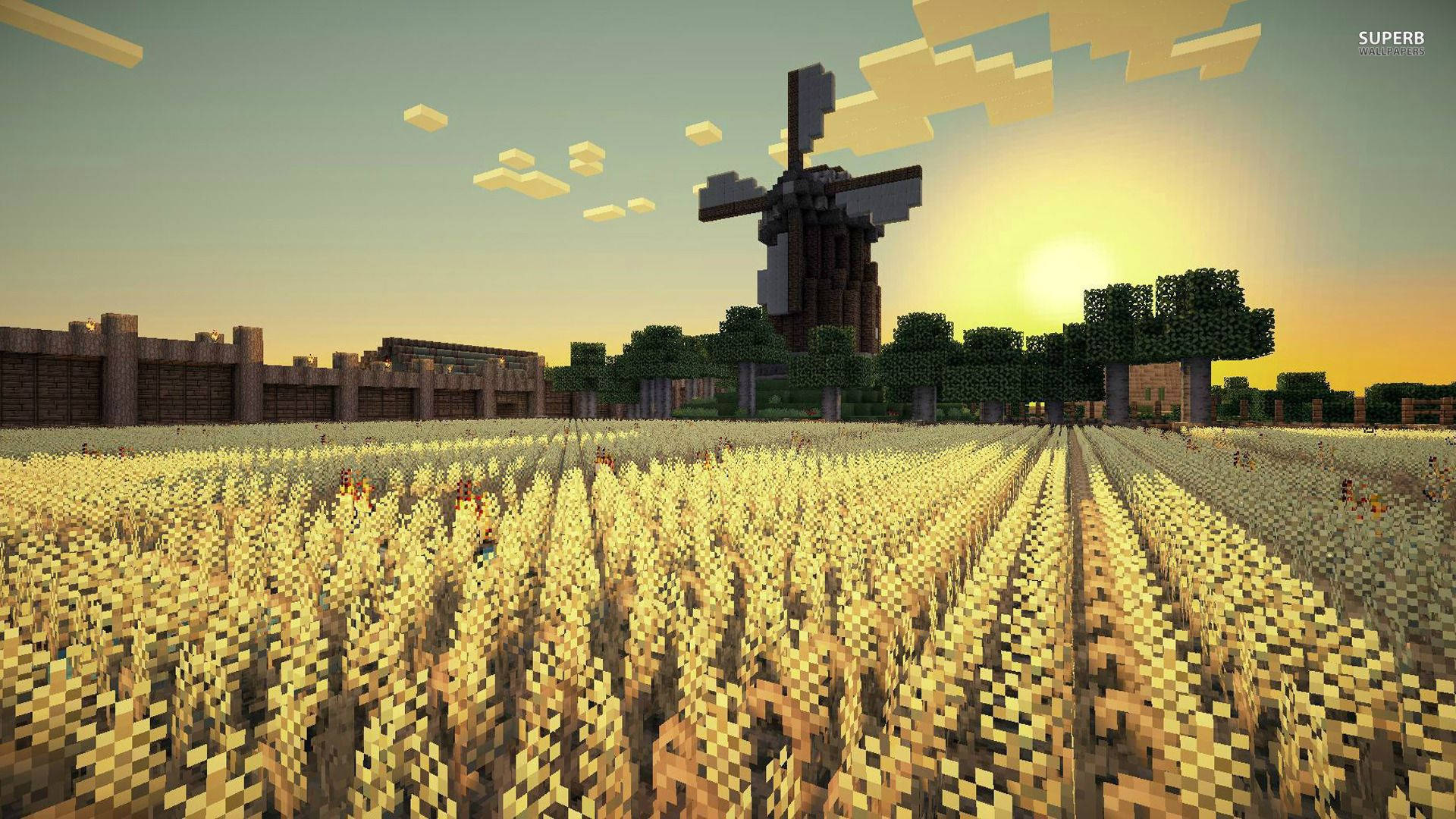 Minecraft rysland oggend sonsopkoms uitsig muurpapier
