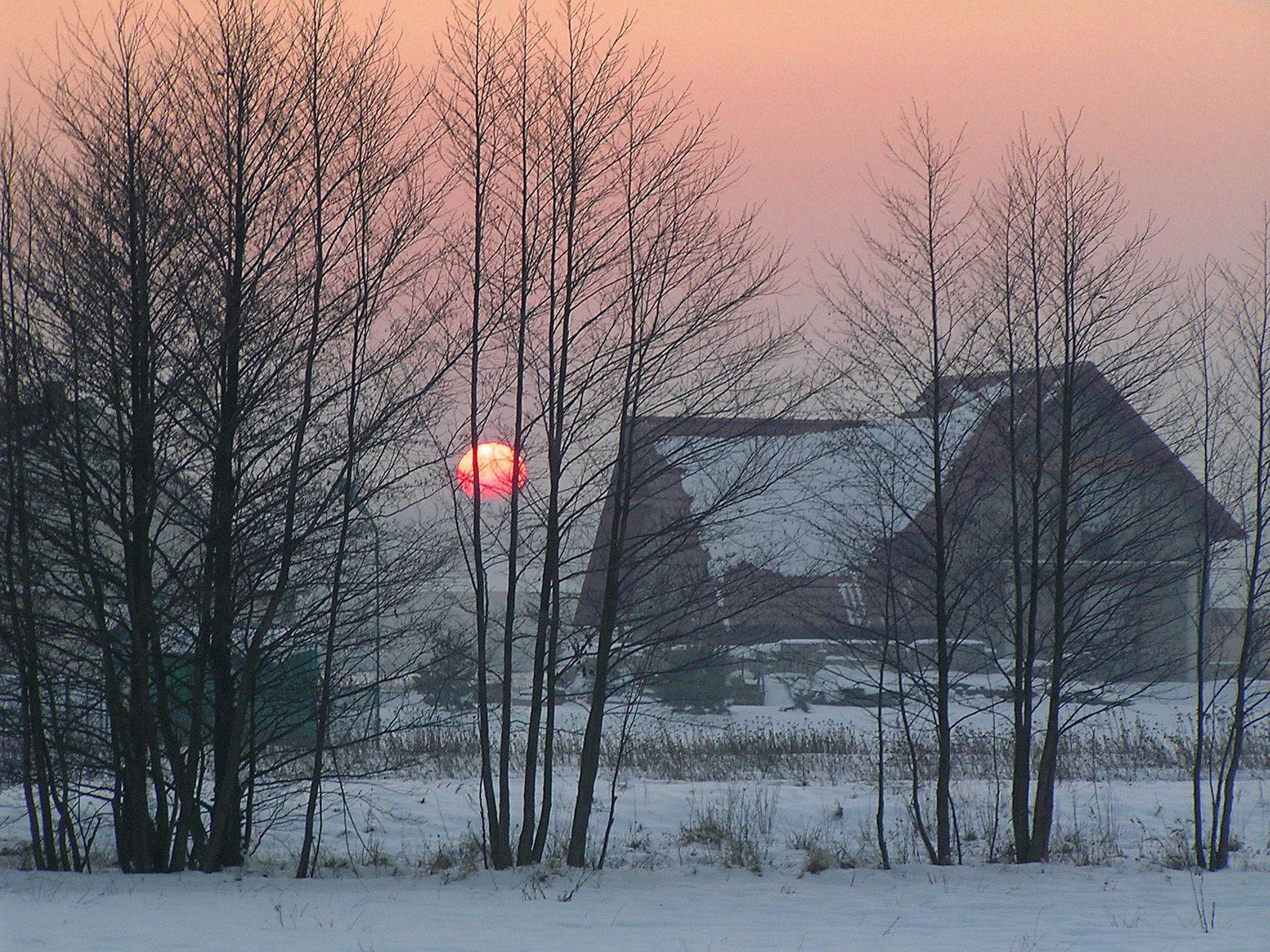 Geniet die skoonheid van 'n winteroggend vanuit die gemak van 'n knus huis Muurpapier