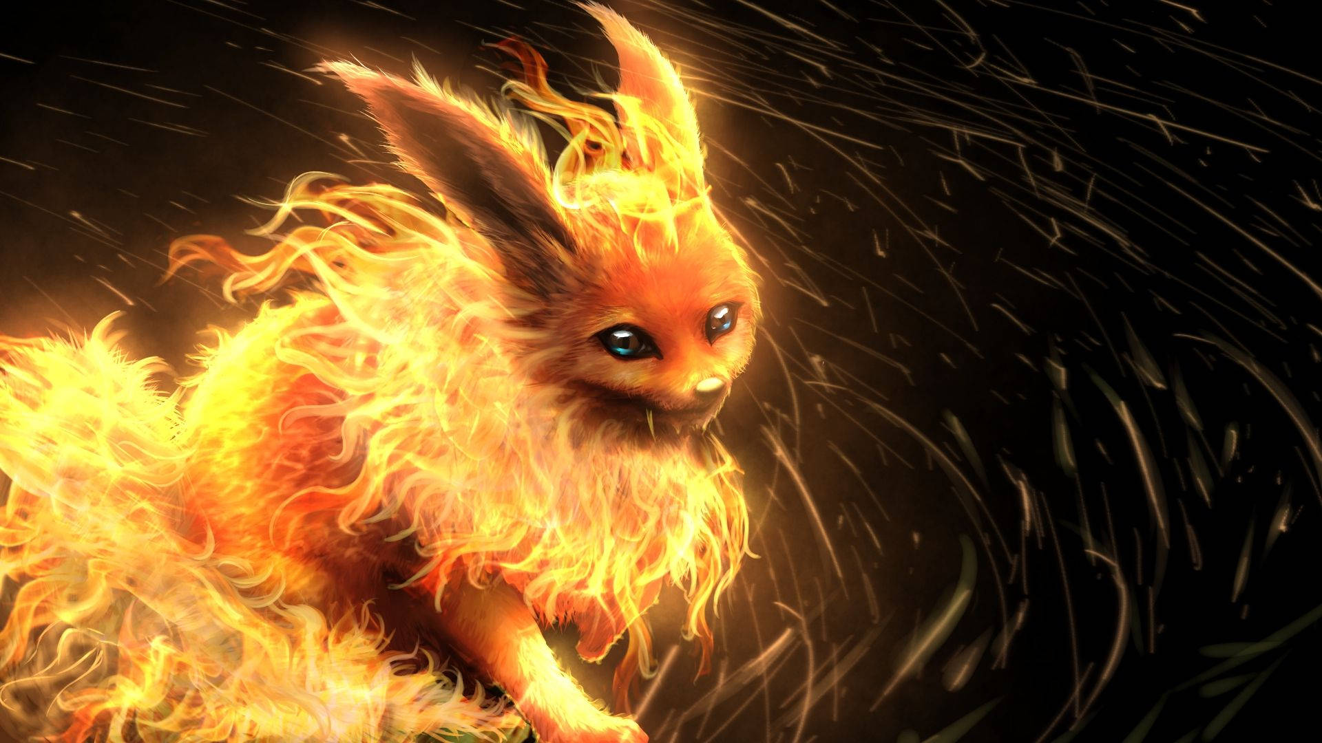 Regte Pokémon Flareon met ’n vlam pels agtergrond.
