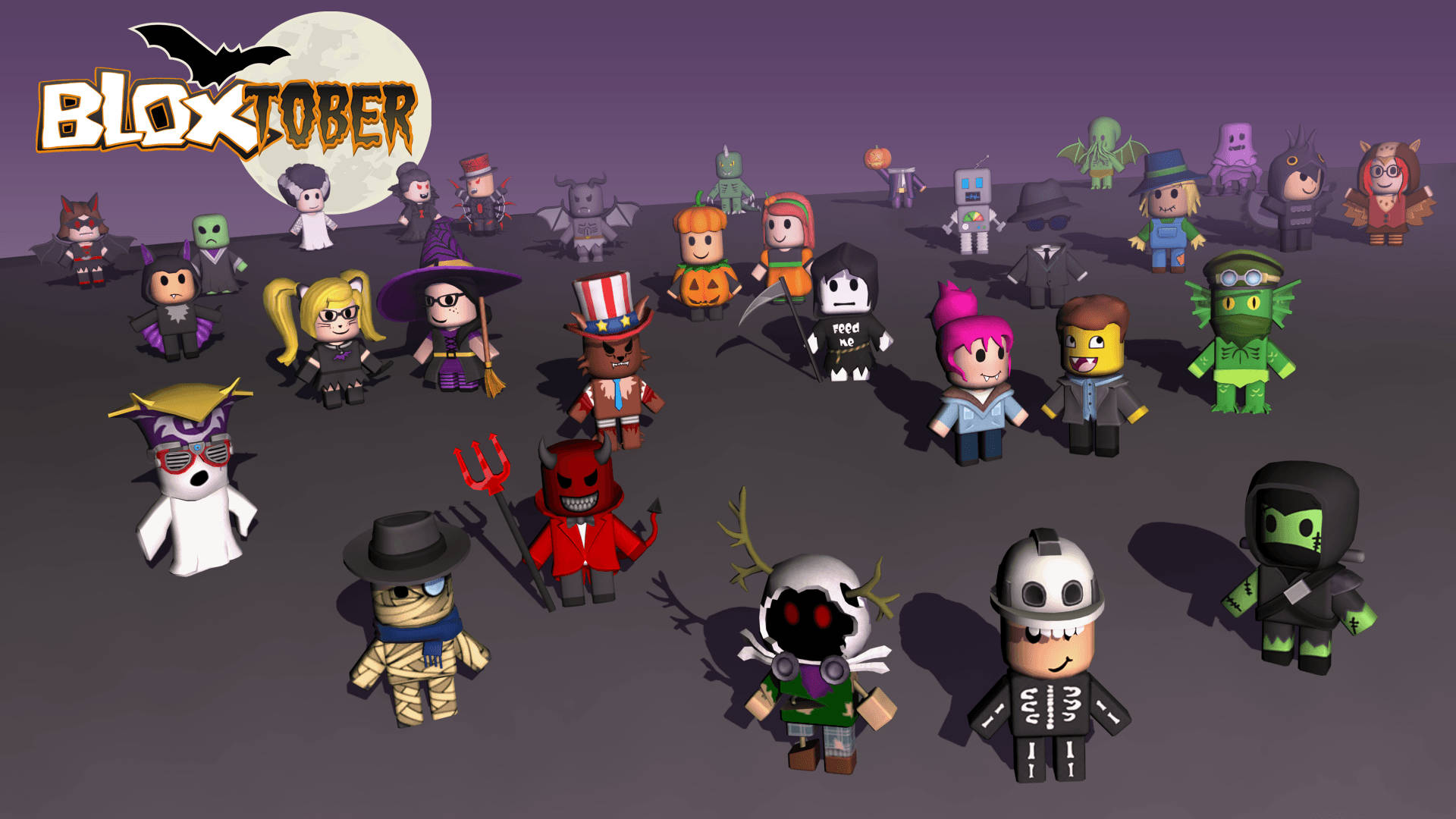 Fantastiese agtergrond van Halloween-avatar-ontwerpe van Roblox-speletjie.