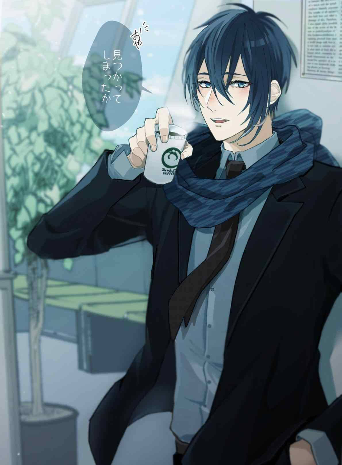 Aantreklike anime-seun met warm koffie agtergrond — Anime seun Muurpapier