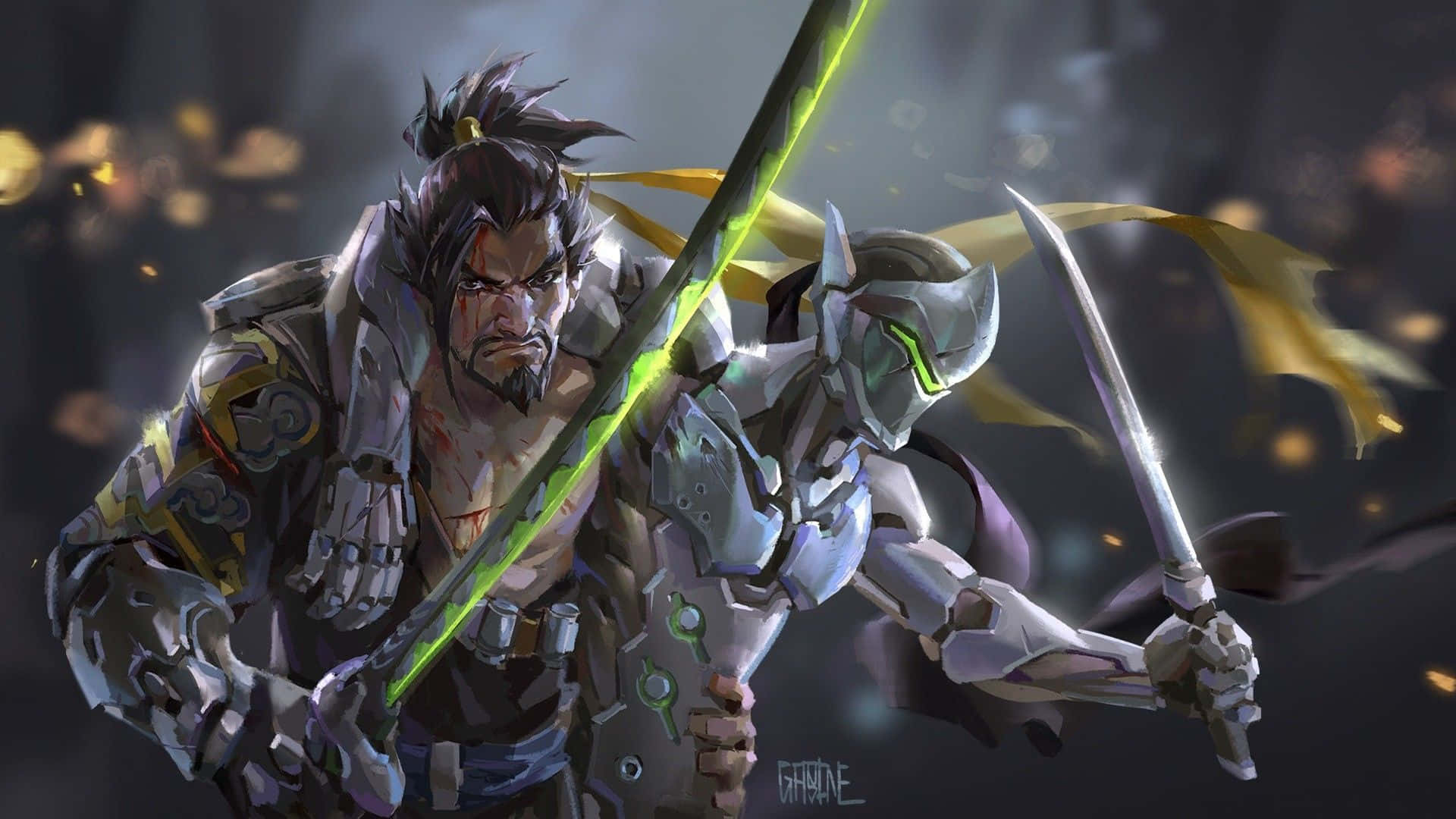 Genji en Hanzo Karakters 1920x1080 Overwatch Agtergrond Muurpapier