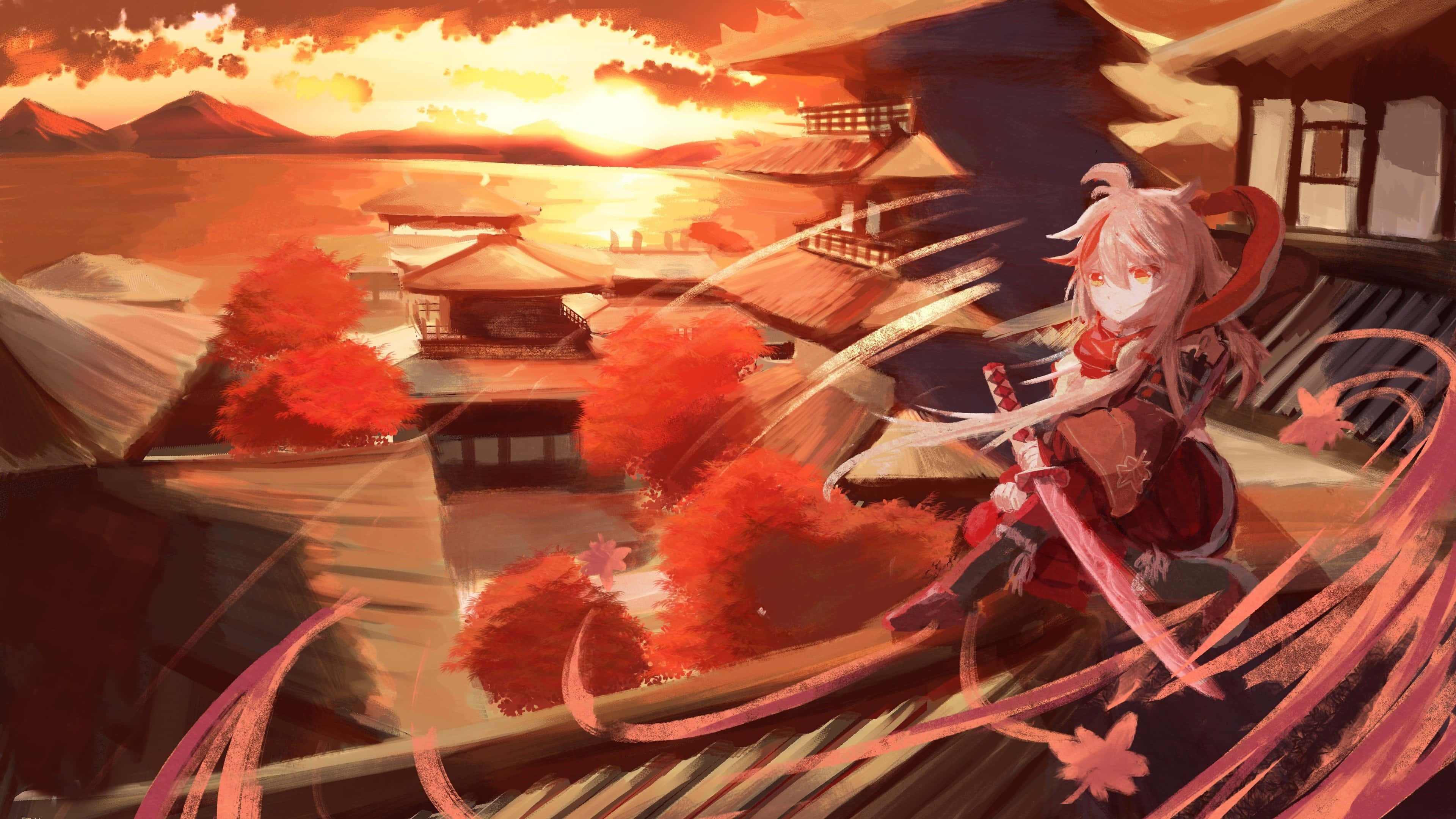 Genshin Impact Kazuha Sit Op 'n Dak Muurpapier