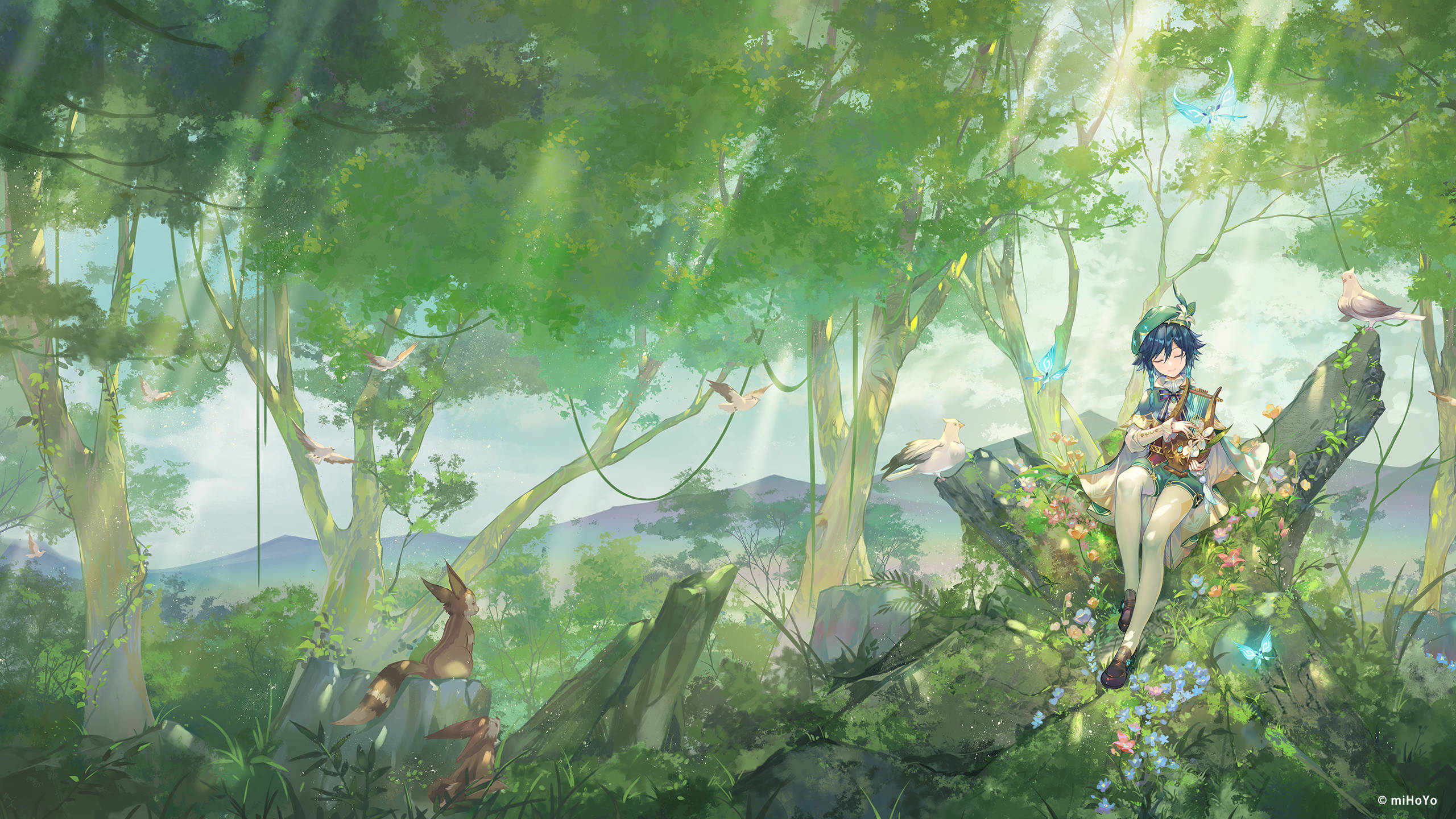 Genshin Venti in die Natuur Muurpapier