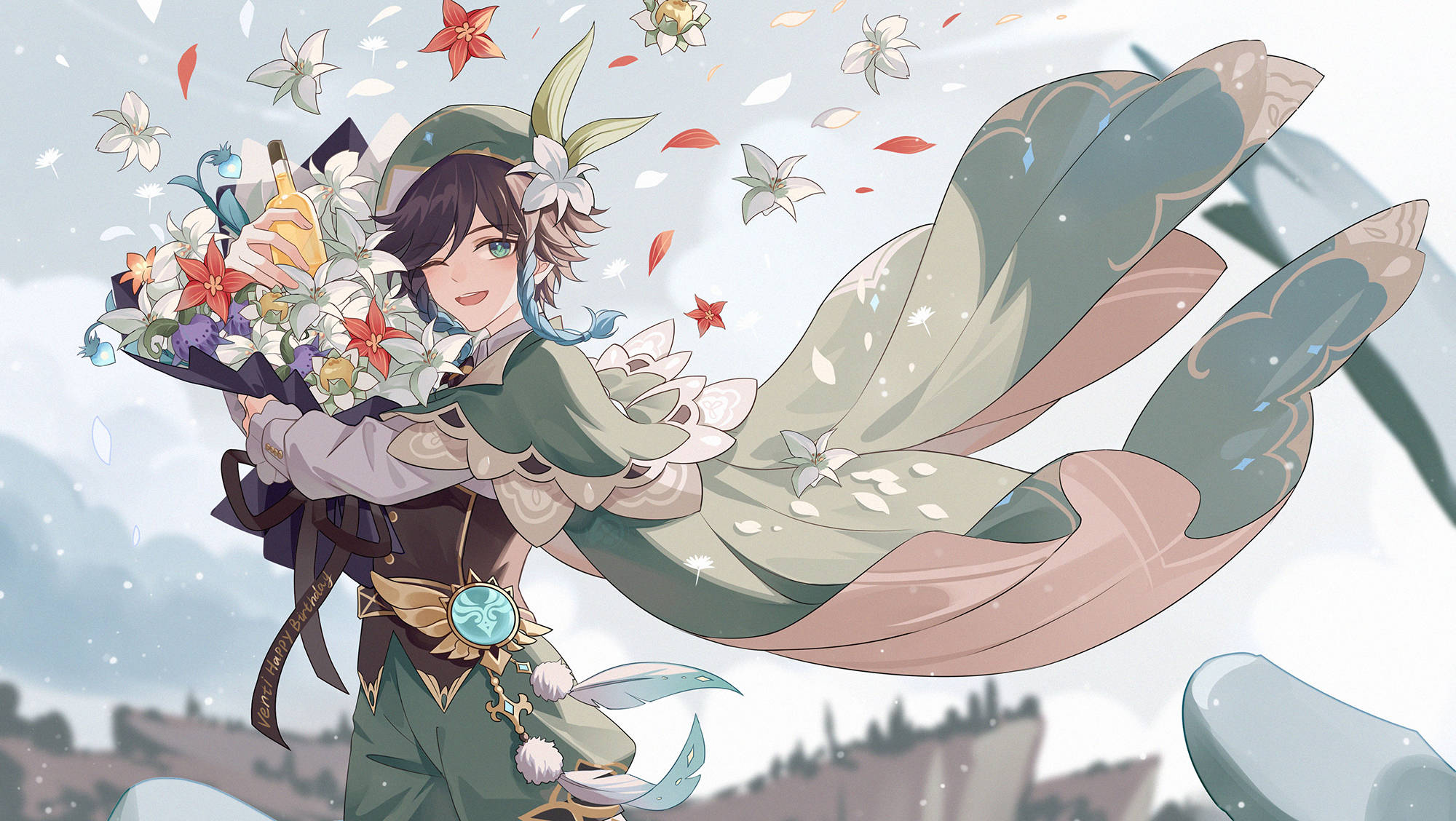Genshin Venti met Blomme Muurpapier