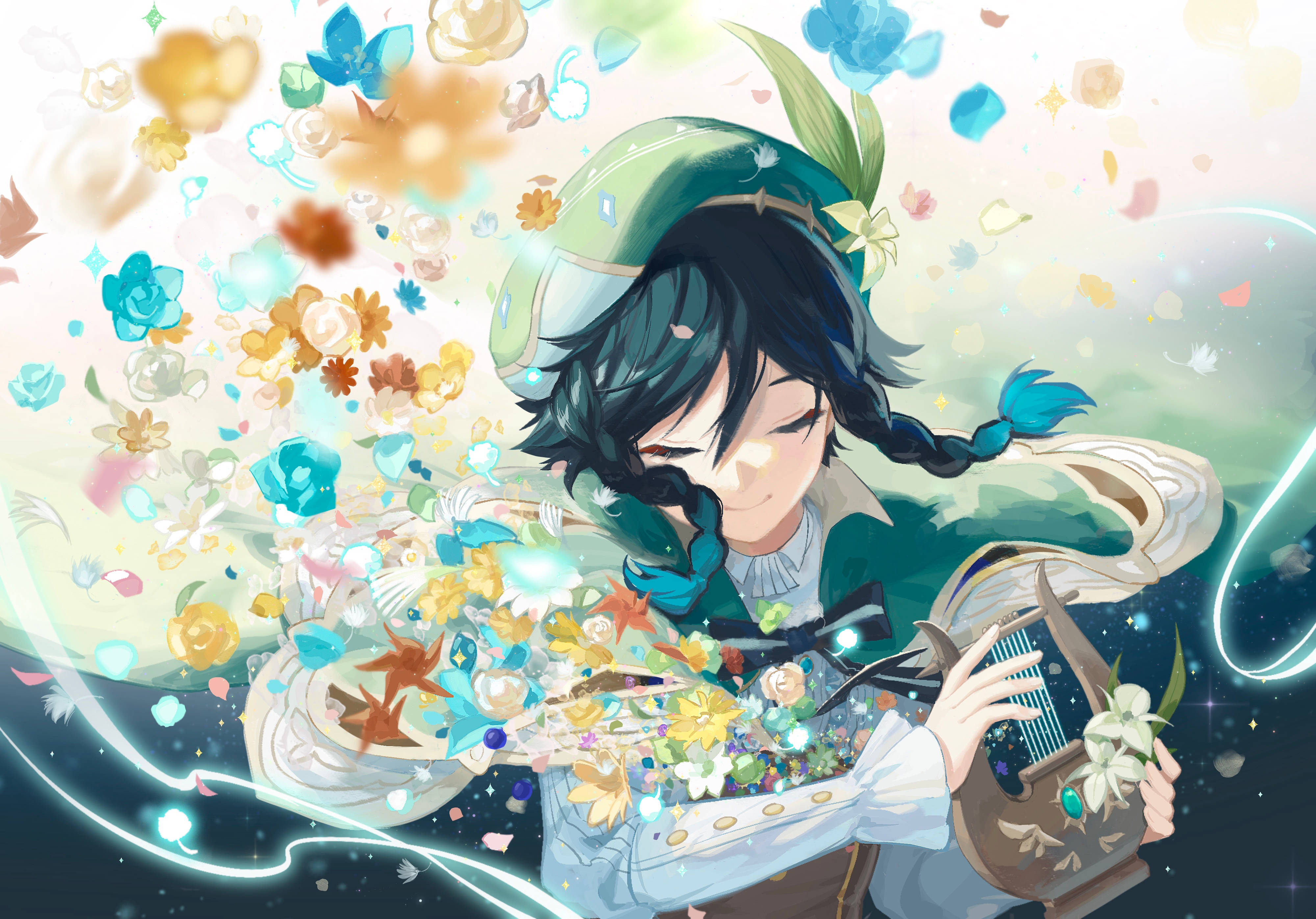 Genshin Venti met Kleurvolle Blomme Muurpapier