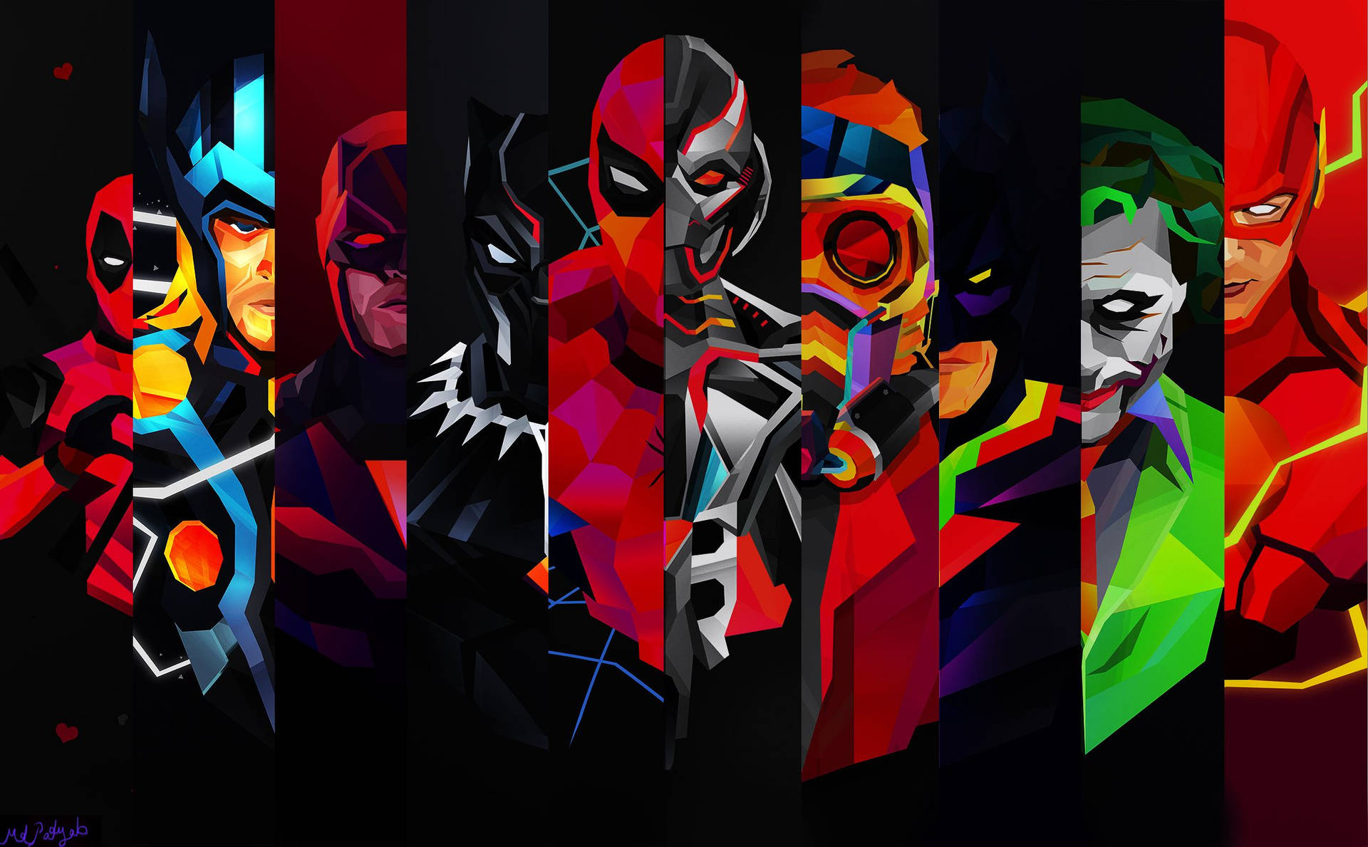 Marvel-superheld digitale kuns met karakters in vertikale strepe.