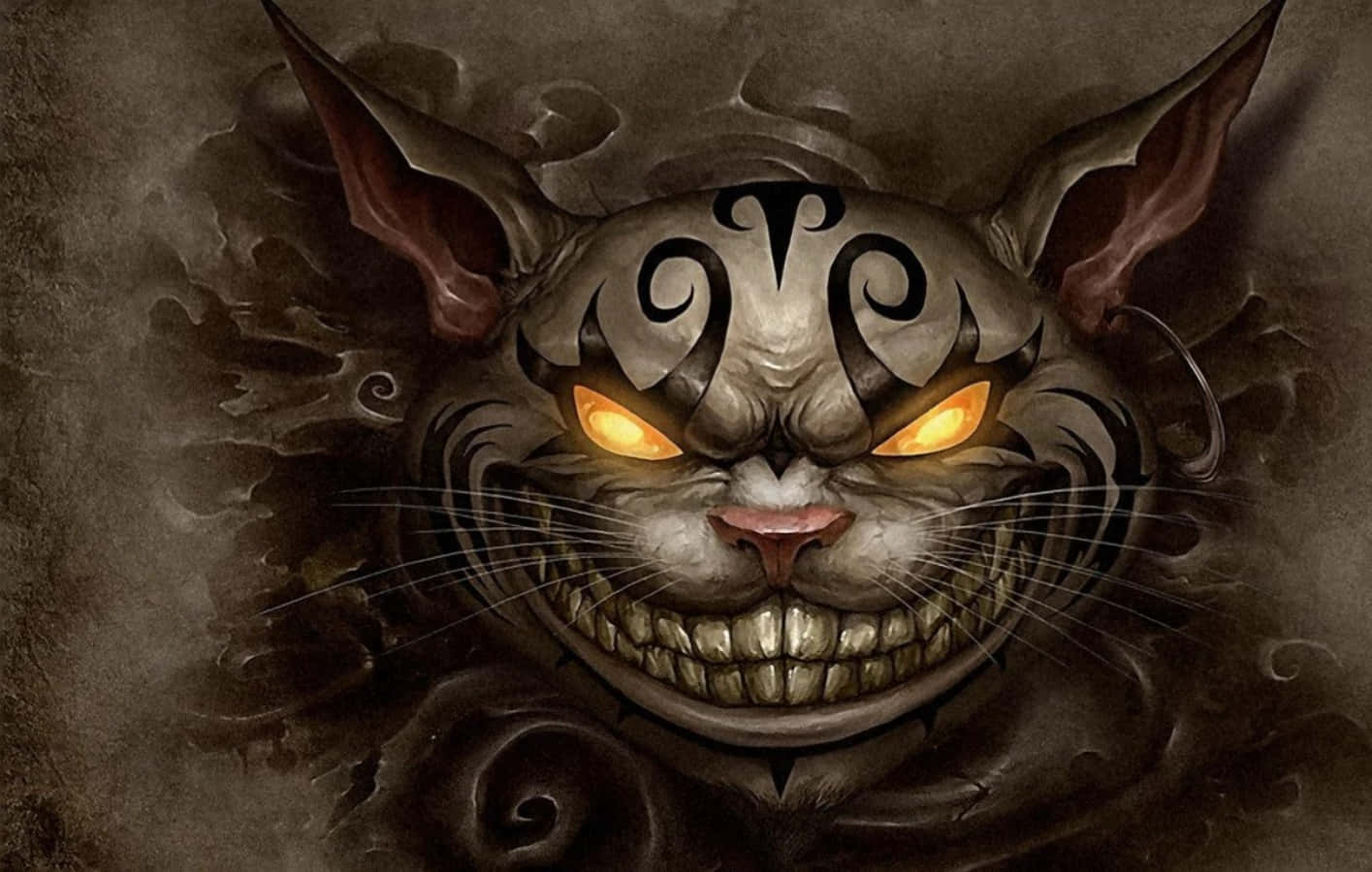 Glimlaggend en slu, die Cheshire-kat vul die kamer met sy ondeunde sjarme. Muurpapier