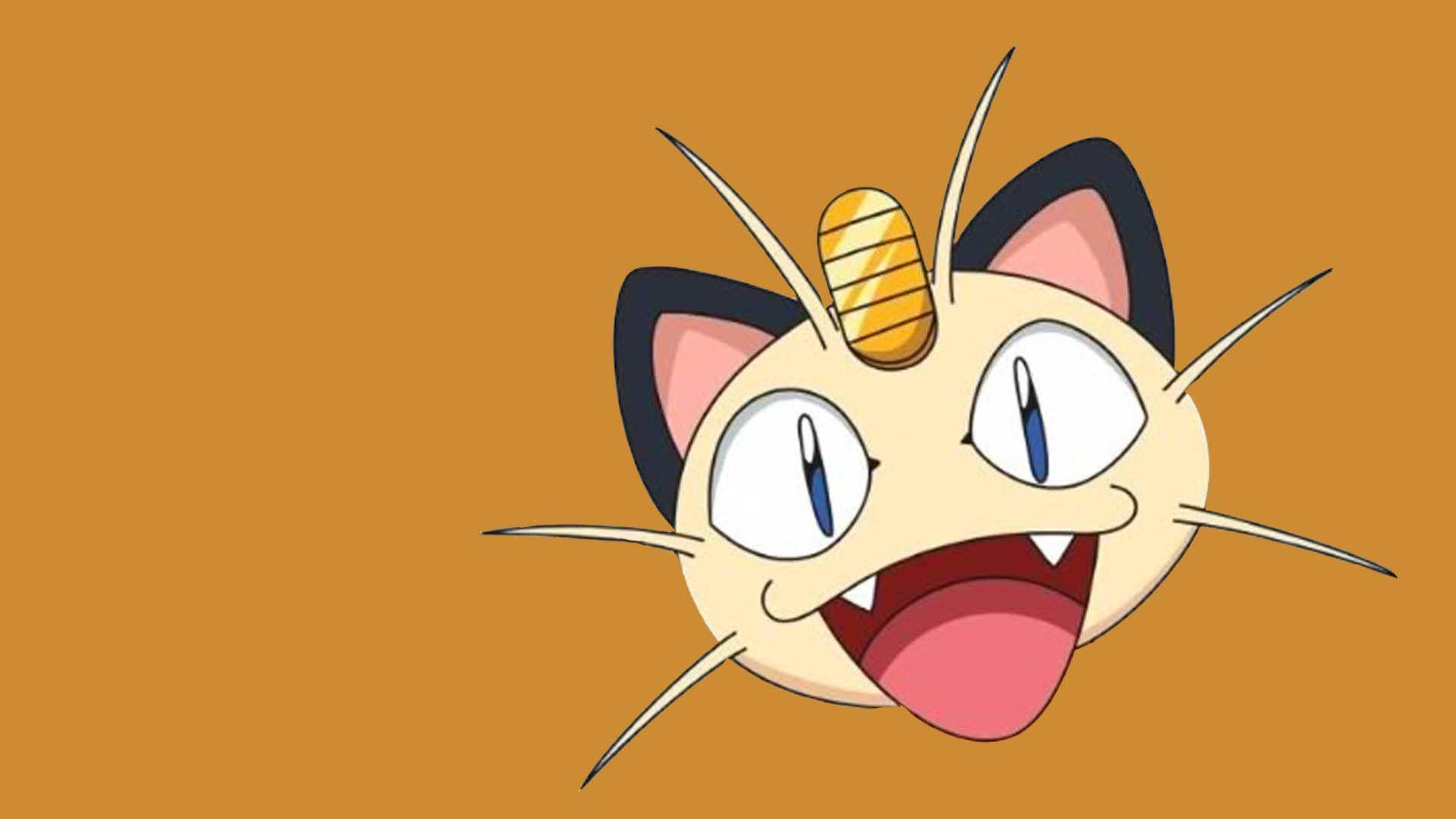 Glimlaggende Meowth met oranje agtergrond Muurpapier