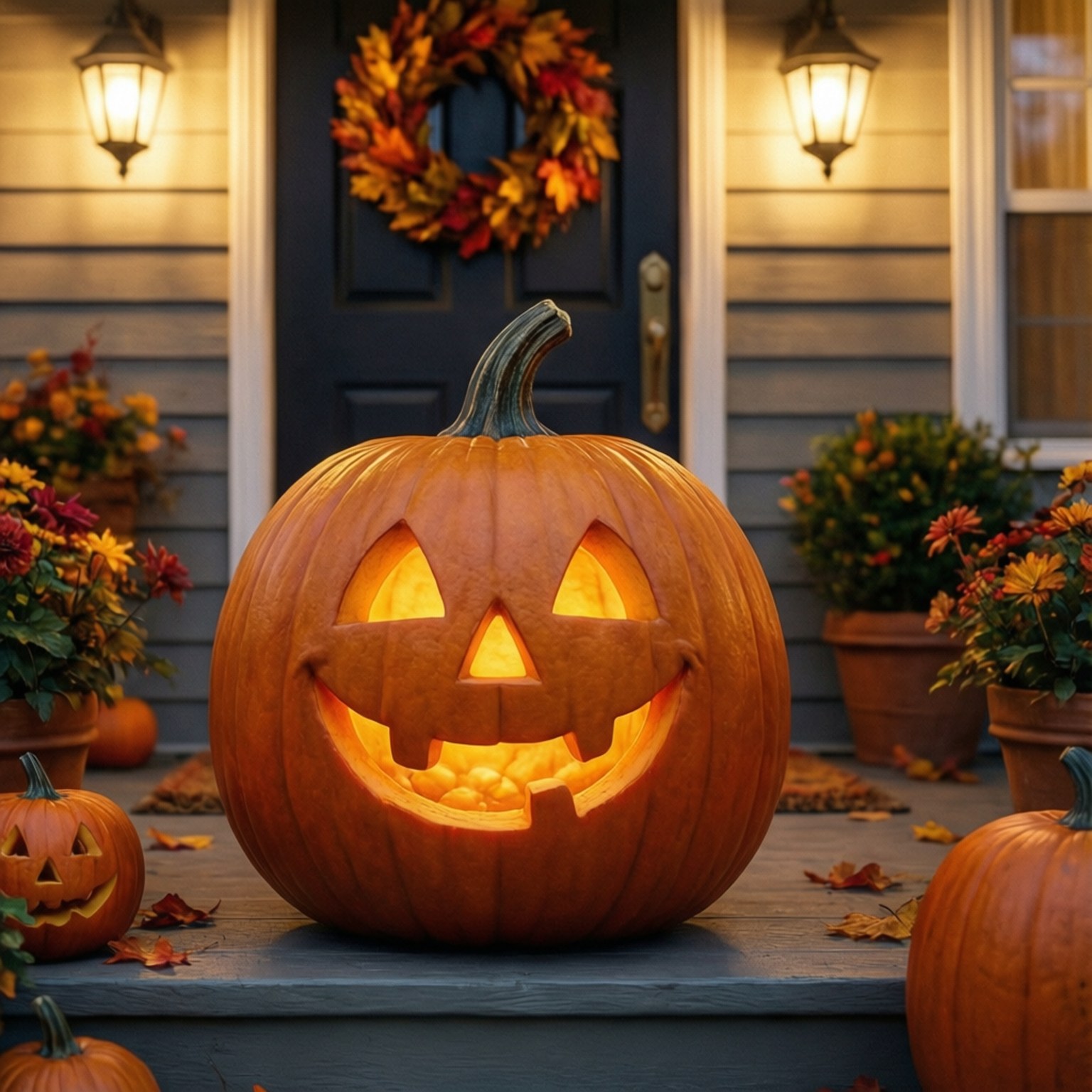 Glimlaggende Pampoen by die Stoep Muurpapier