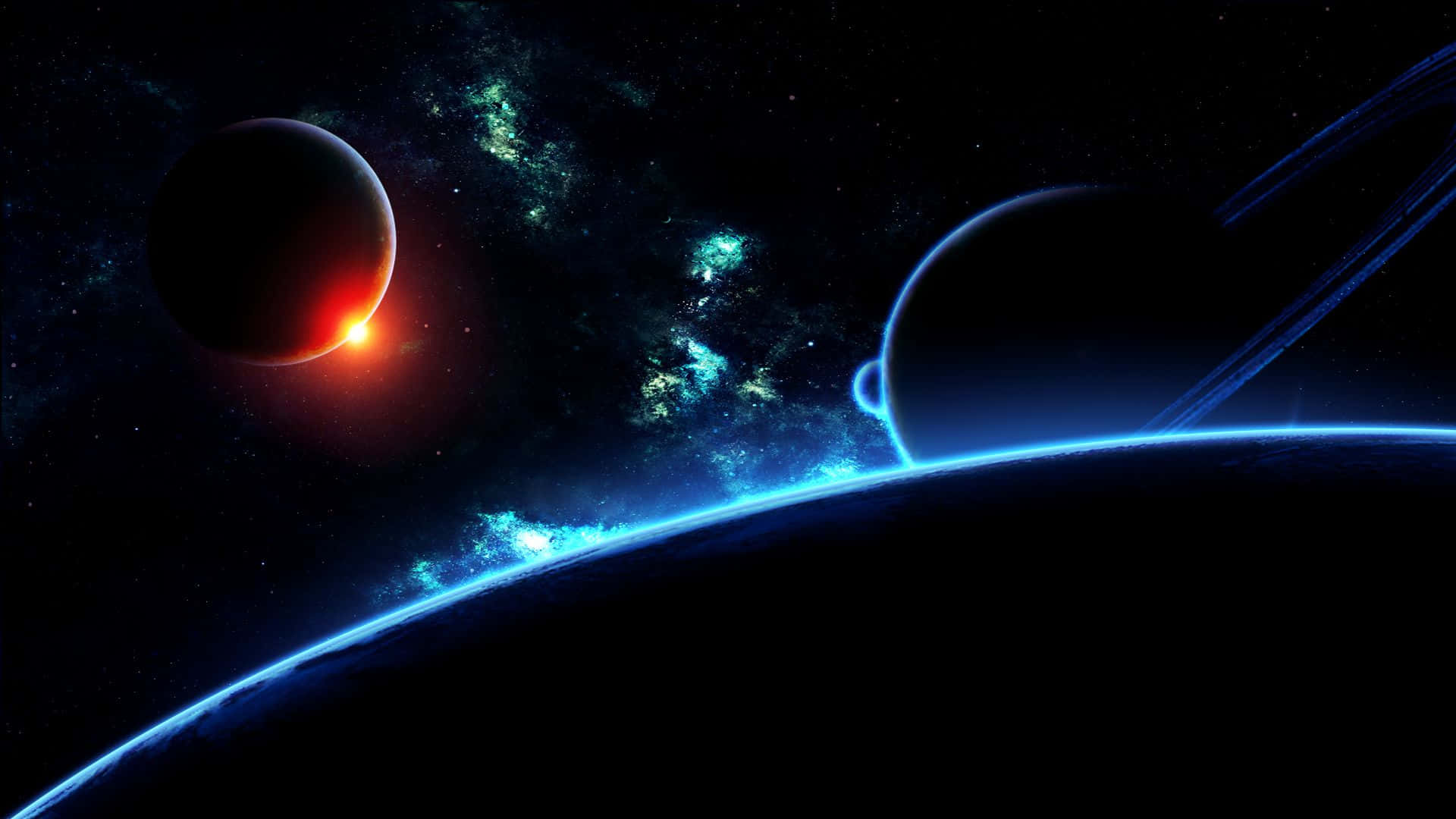 Gloeiende Oppervlak van Planeet in Donker Ruimte Muurpapier