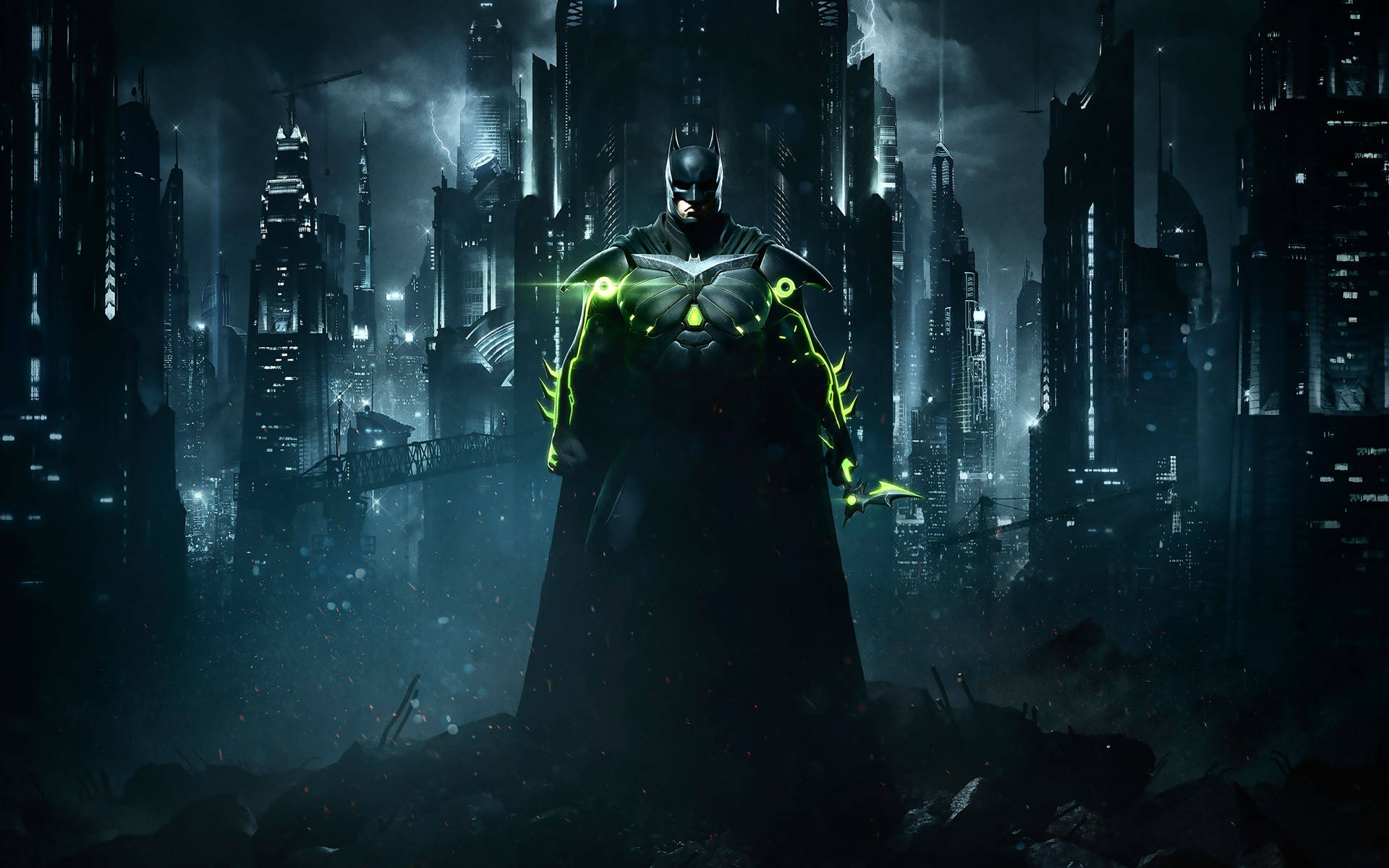 Batman met groen lig op pak 4k agtergrond. — 4K Muurpapier